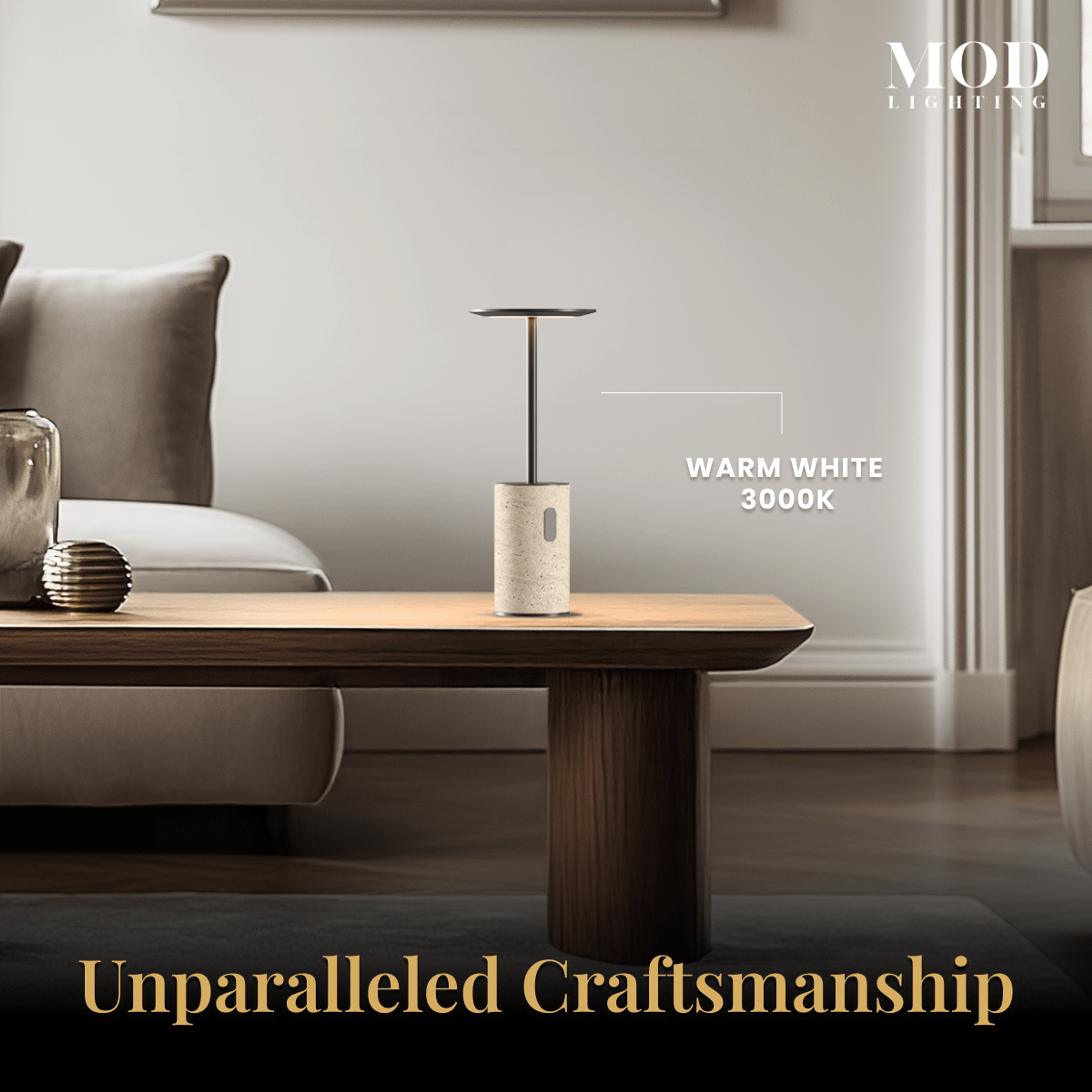 Vera travertine table lamp glowing warm white on a wood coffee table in a modern living room