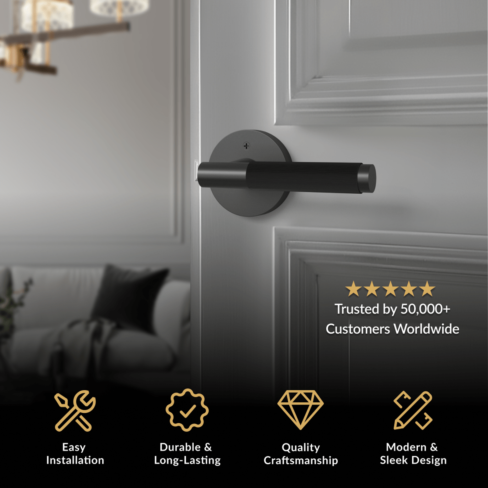 Carrington door handle in matte black, tapered lever on a round rose on a white door