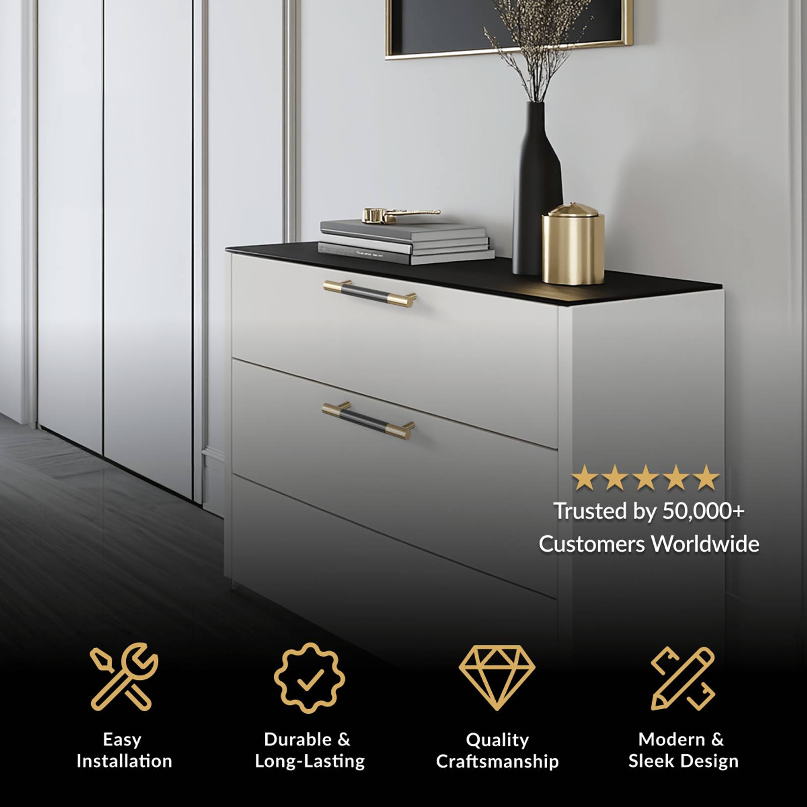Wellington Cabinet Pull in brushed gold on a white dresser with black top