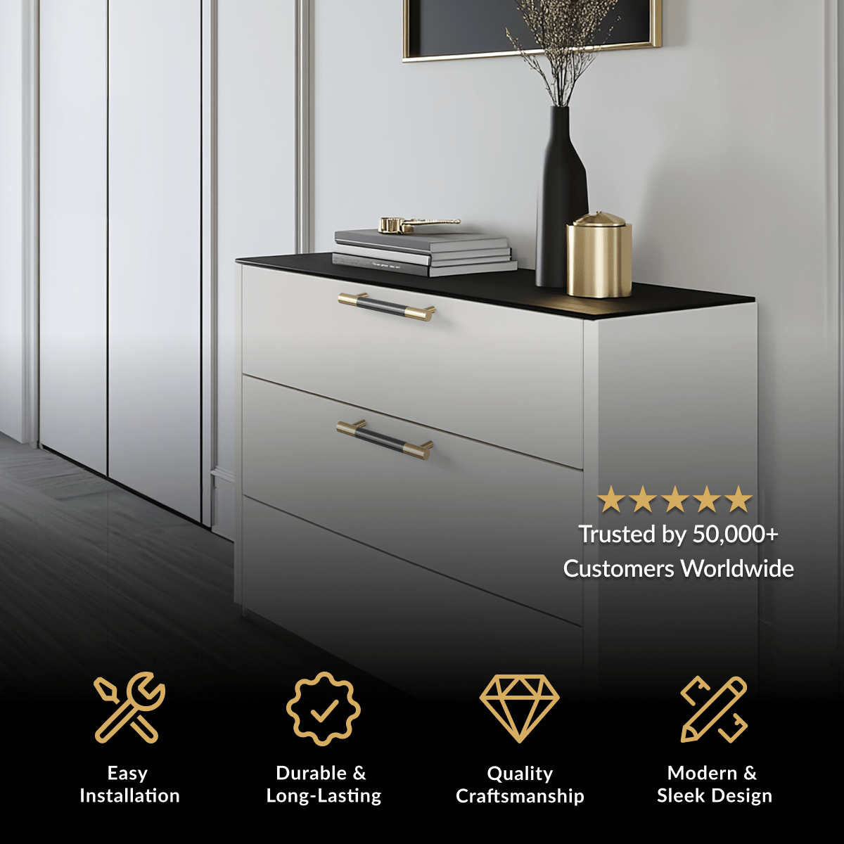 Wellington Cabinet Pull in brushed gold on a white dresser with black top