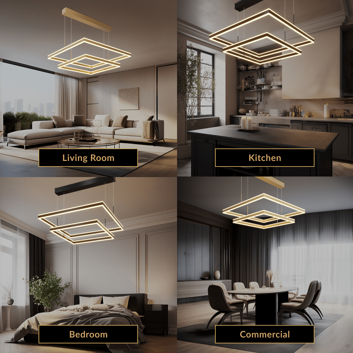 Arcade chandelier of stacked square LED frames shown in living room, kitchen, bedroom and commercial