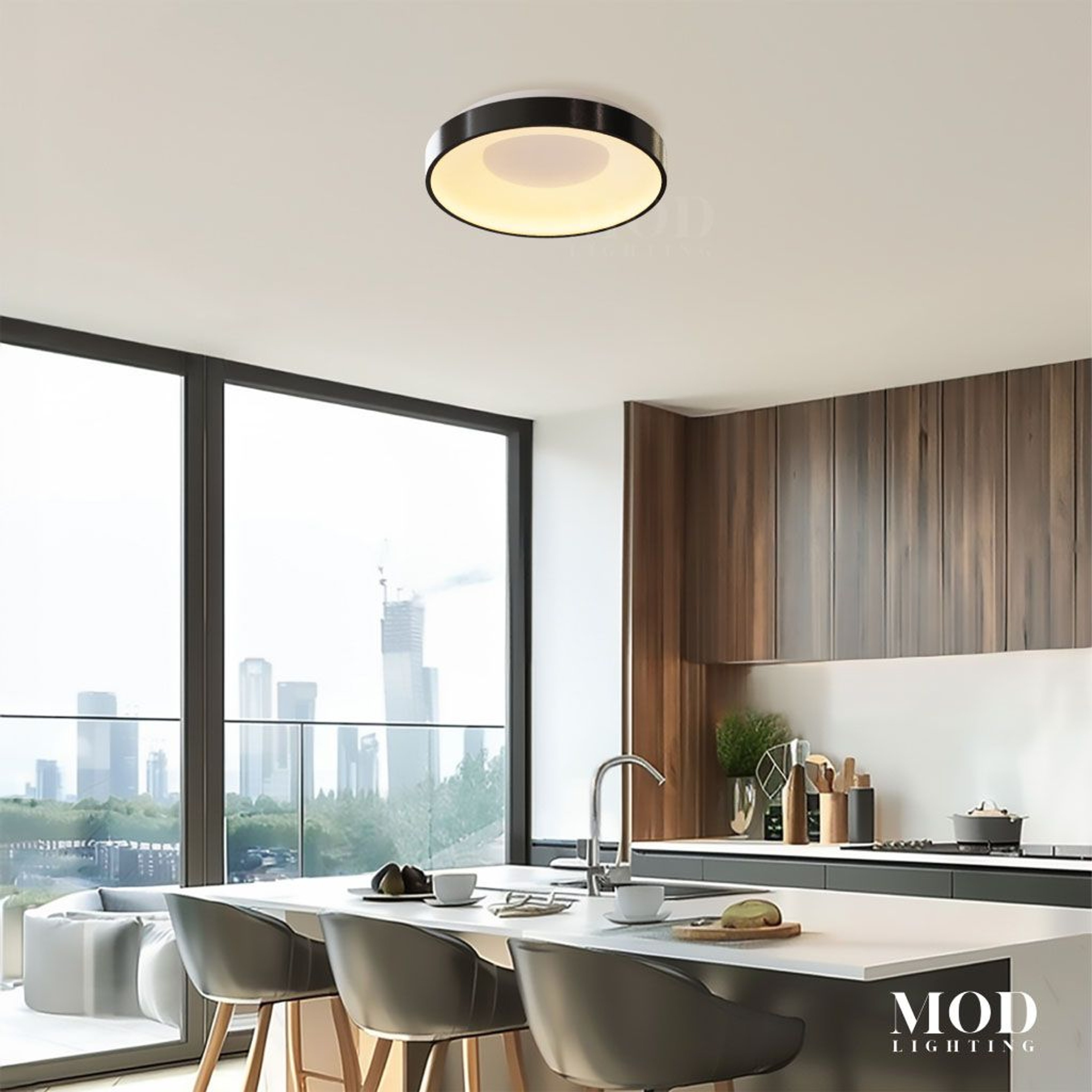 Bryce, round black and brushed-metal LED flush mount ceiling light in a kitchen with city views