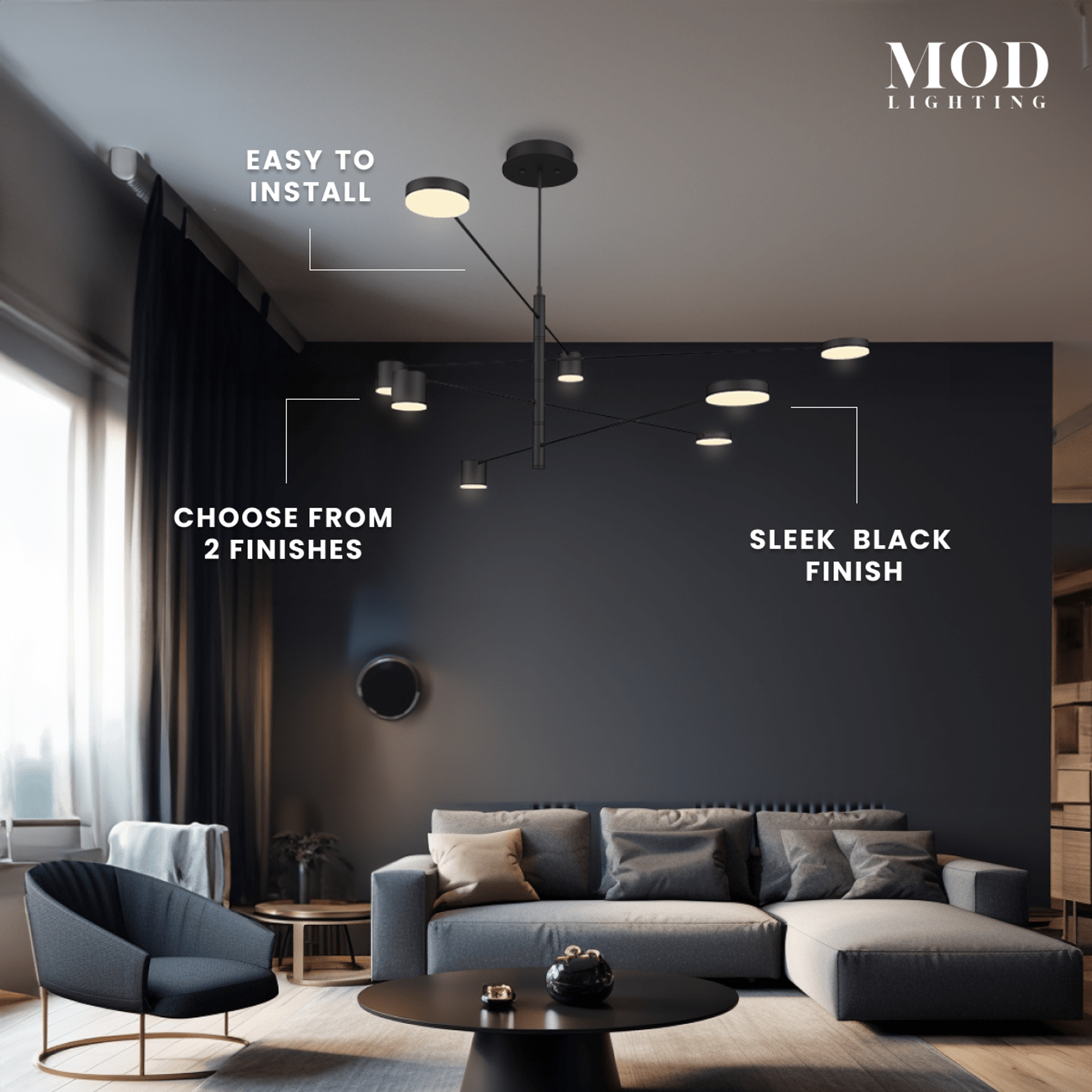 Lynx chandelier in black finish on a dark wall, radiating arms with disc shades over a grey sofa living room