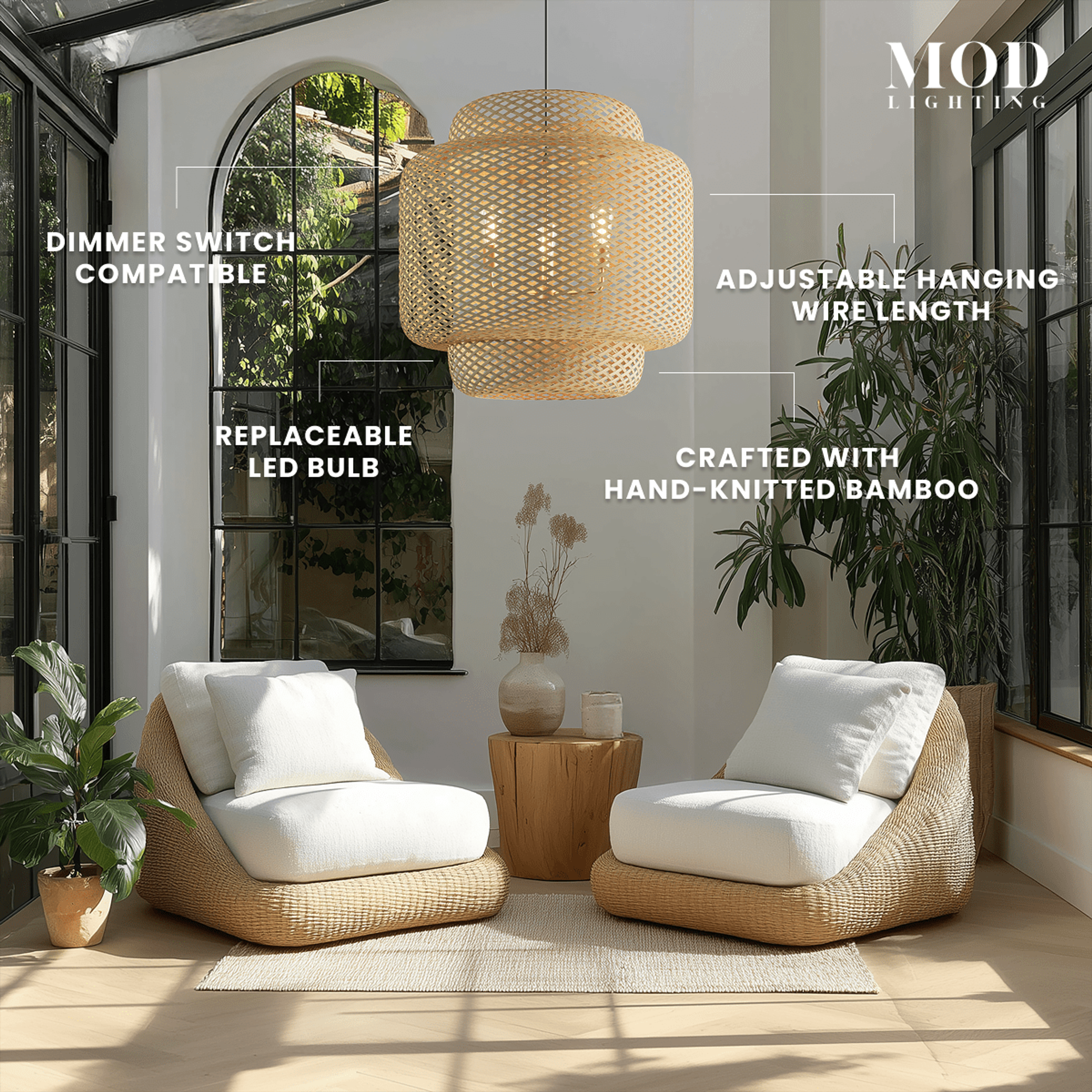 Elva natural bamboo lantern pendant, tiered woven barrel form, hanging in a sunroom seating nook