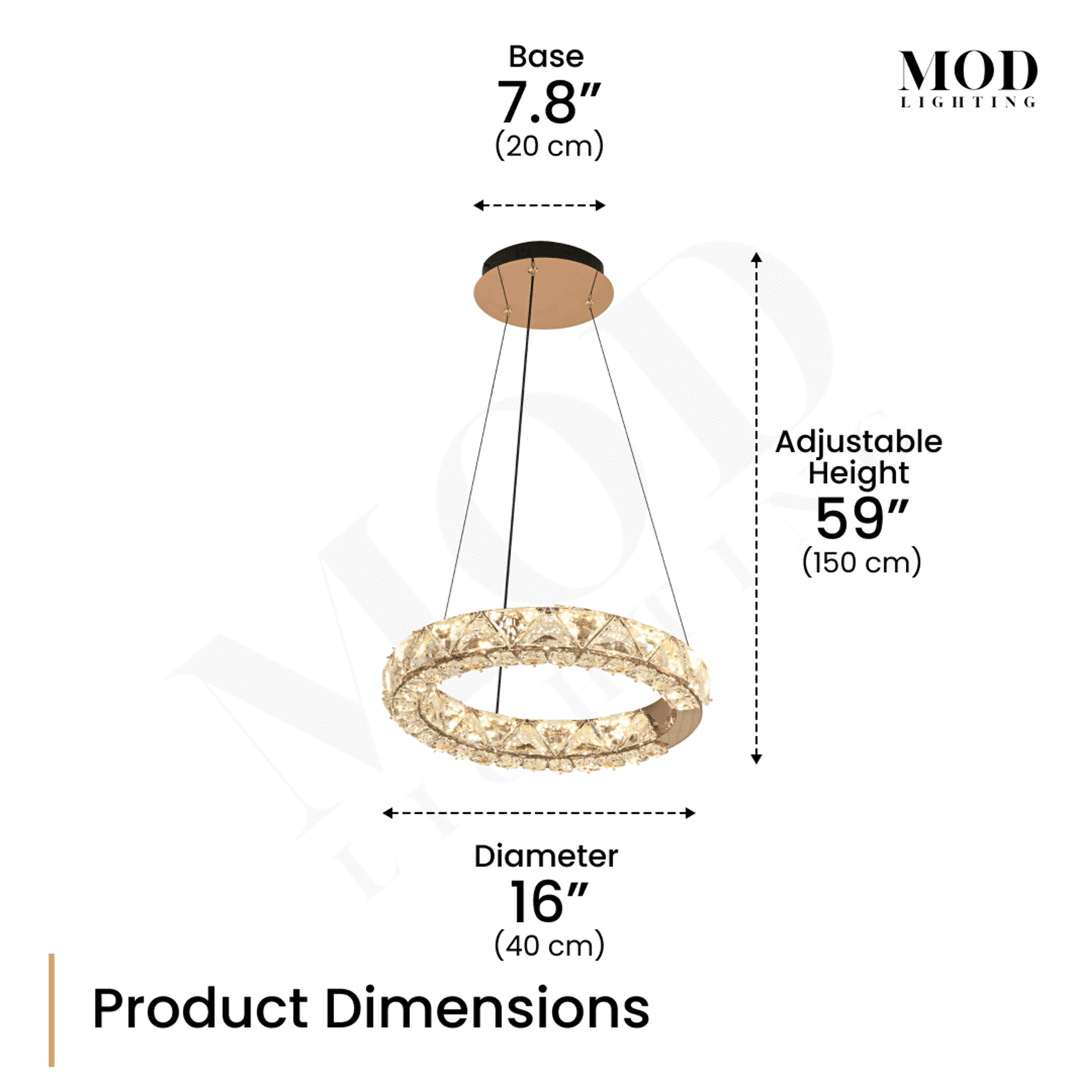 Jana chandelier dimension diagram: 16in diameter ring, 7.8in base, 59in adjustable height