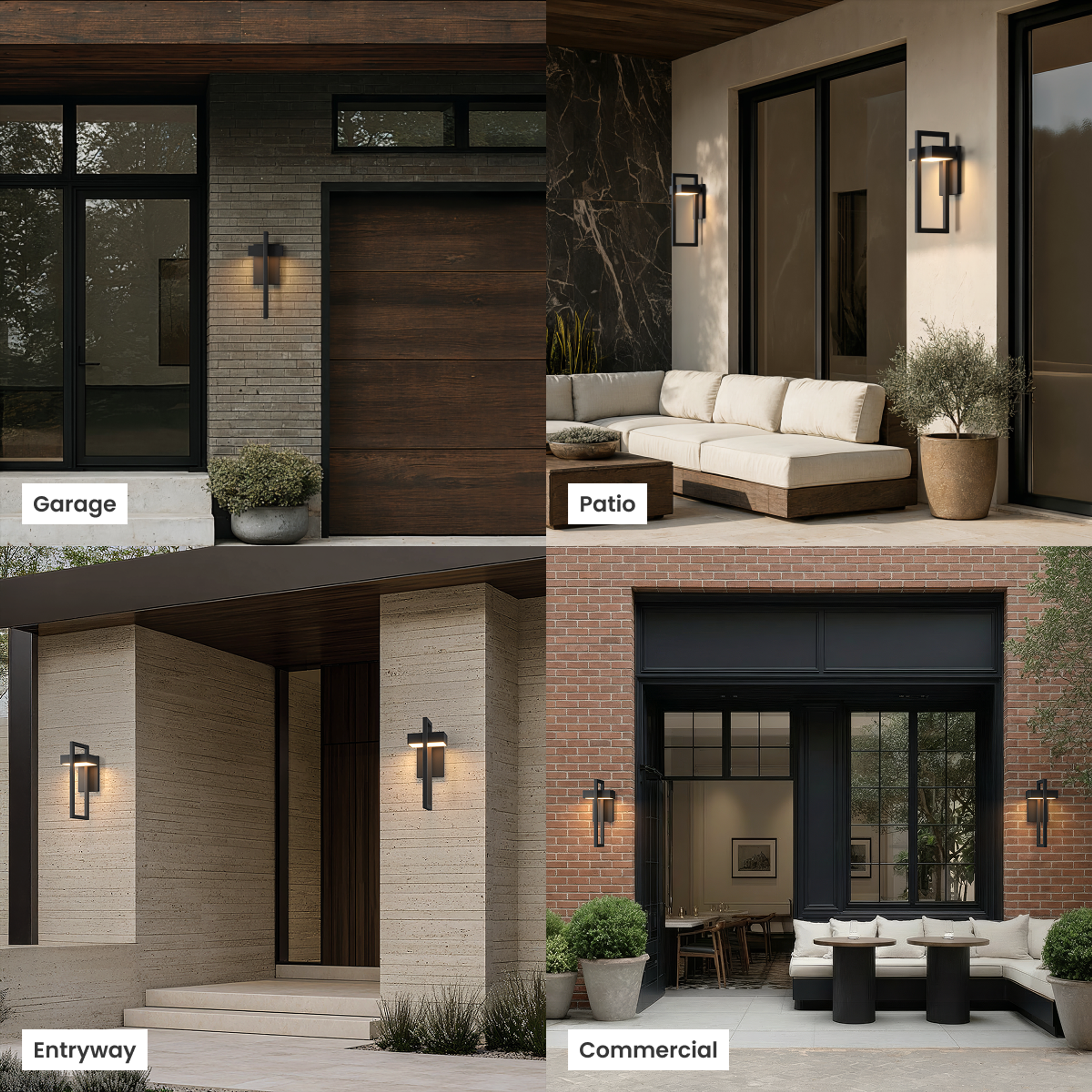 Terri black outdoor sconce shown lit in four exterior settings: garage, patio, entryway, commercial