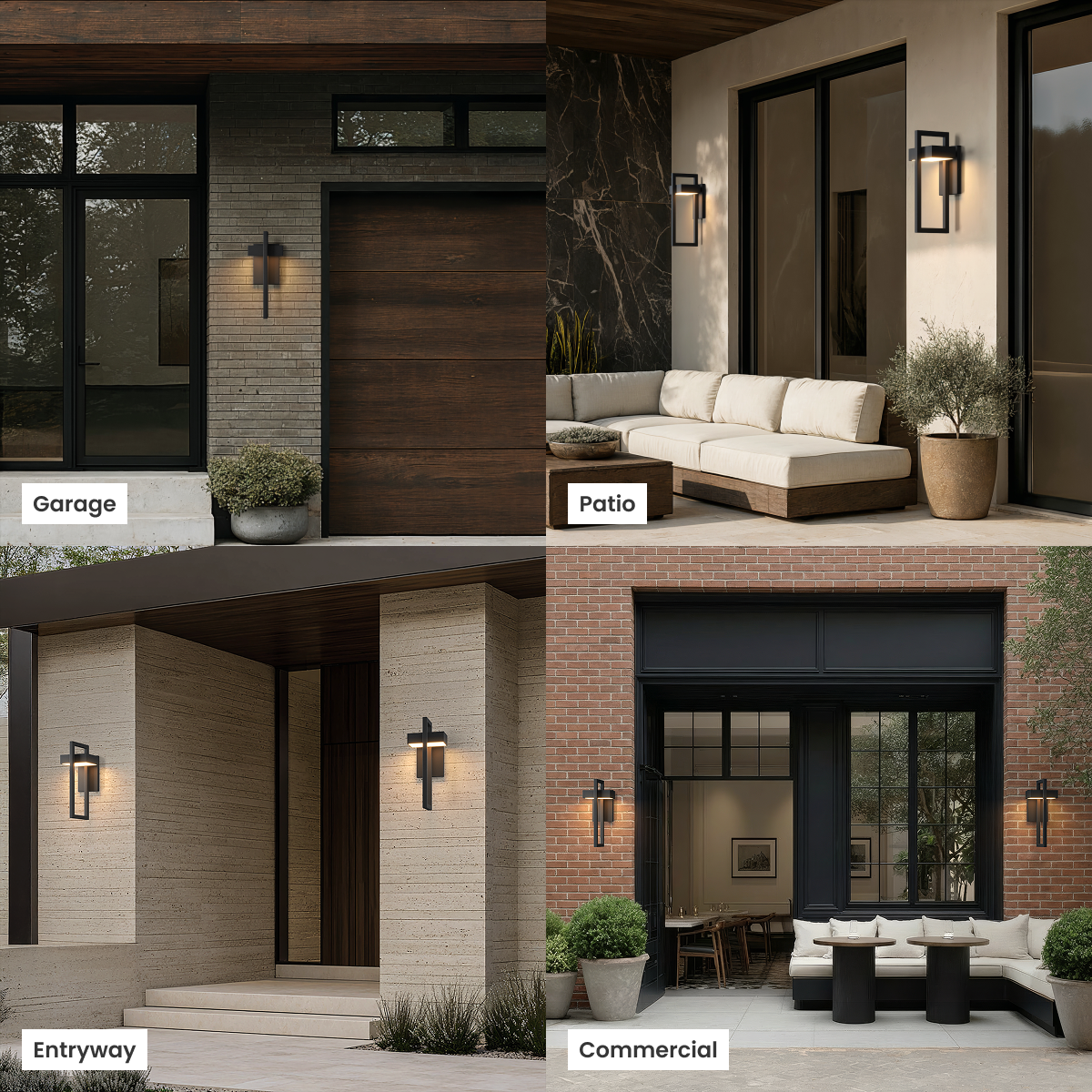 Terri black outdoor sconce shown lit in four exterior settings: garage, patio, entryway, commercial