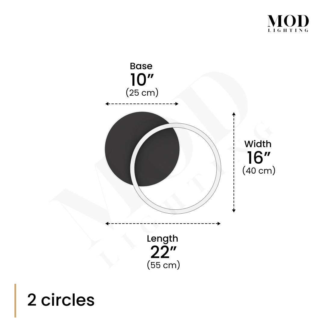 Chloe 2-circle ceiling light dimension diagram: 22 in long, 16 in wide, 10 in base