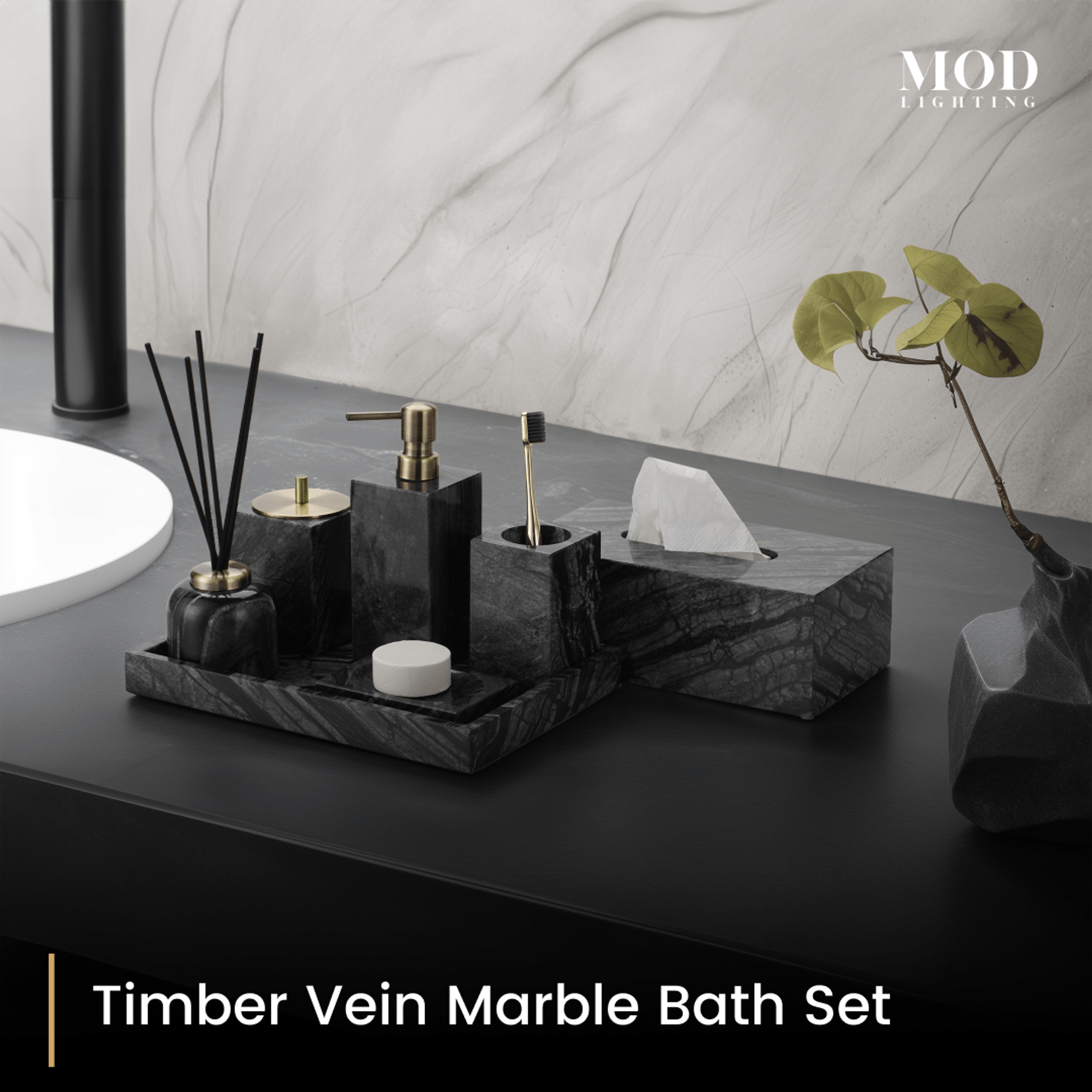 Timber Vein Marble Bath Set on a tray with tissue box and candle on a black vanity against marble wall