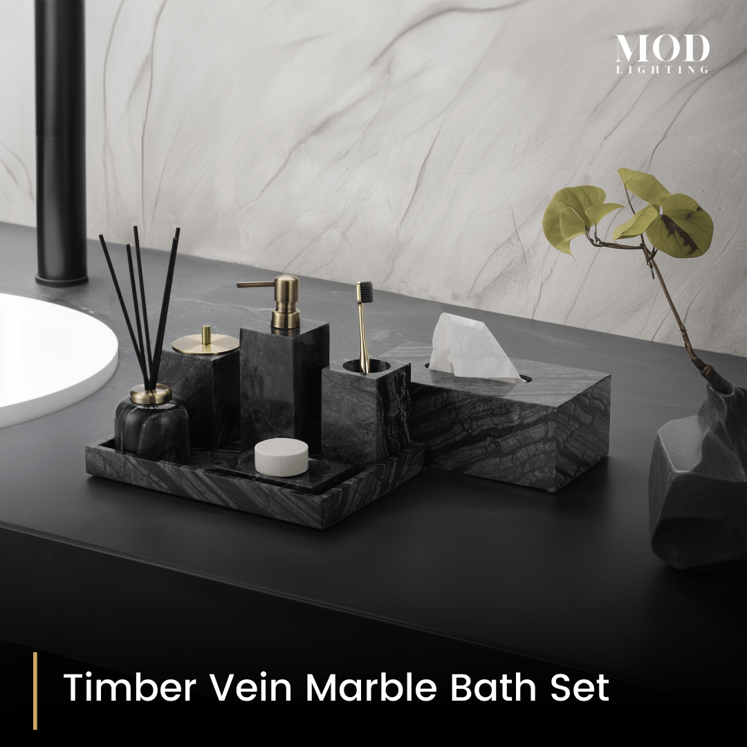 Timber Vein Marble Bath Set on a tray with tissue box and candle on a black vanity against marble wall