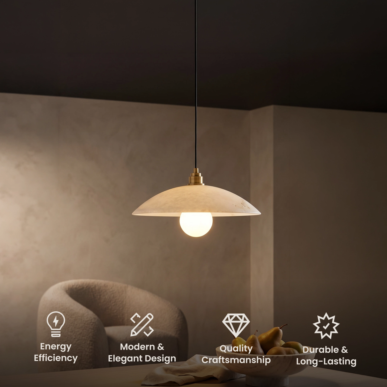 Zira Pendant, wide domed white alabaster shade with brass stem and a single warm globe bulb