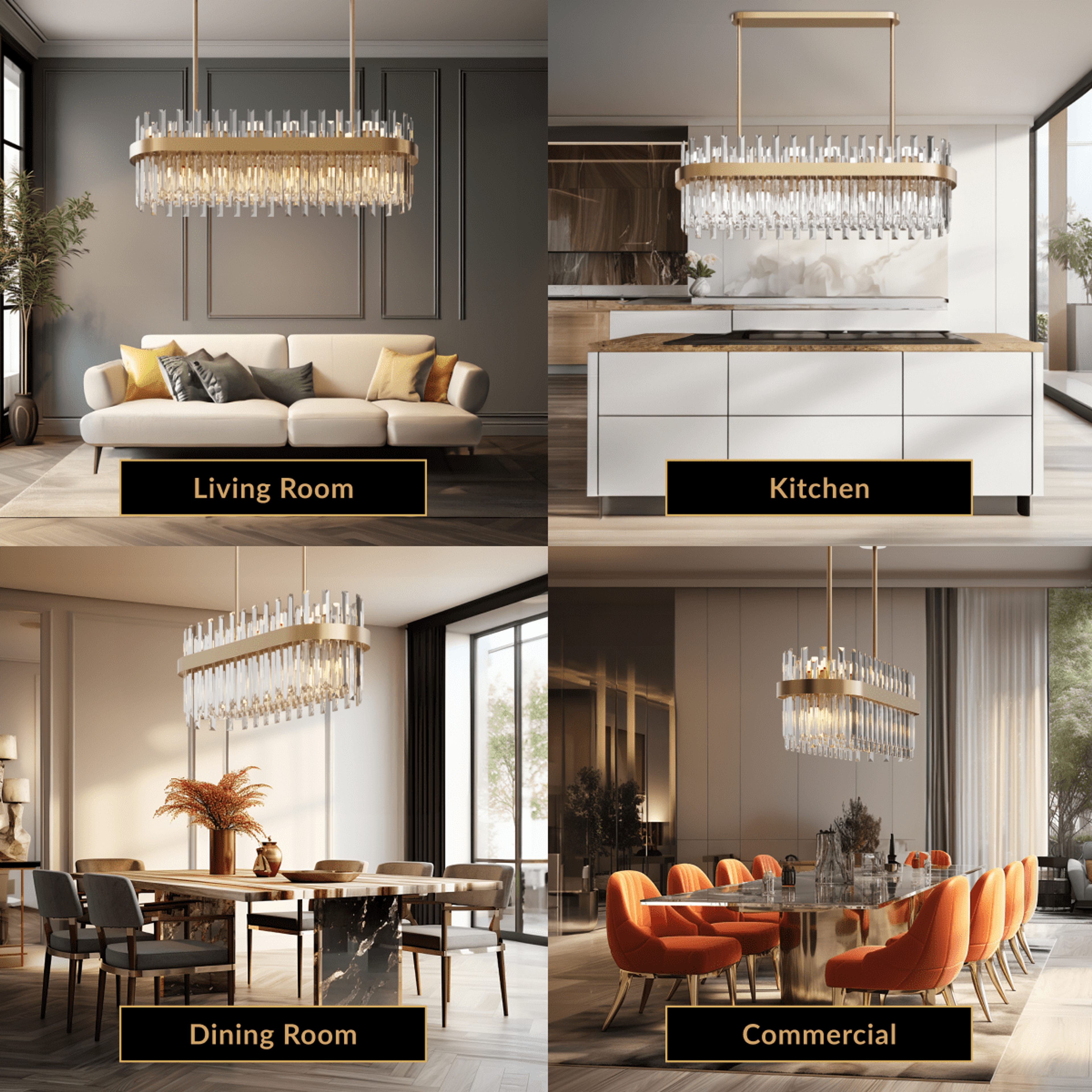 Topaz gold linear crystal bar pendant shown in living room, kitchen, dining room and commercial settings