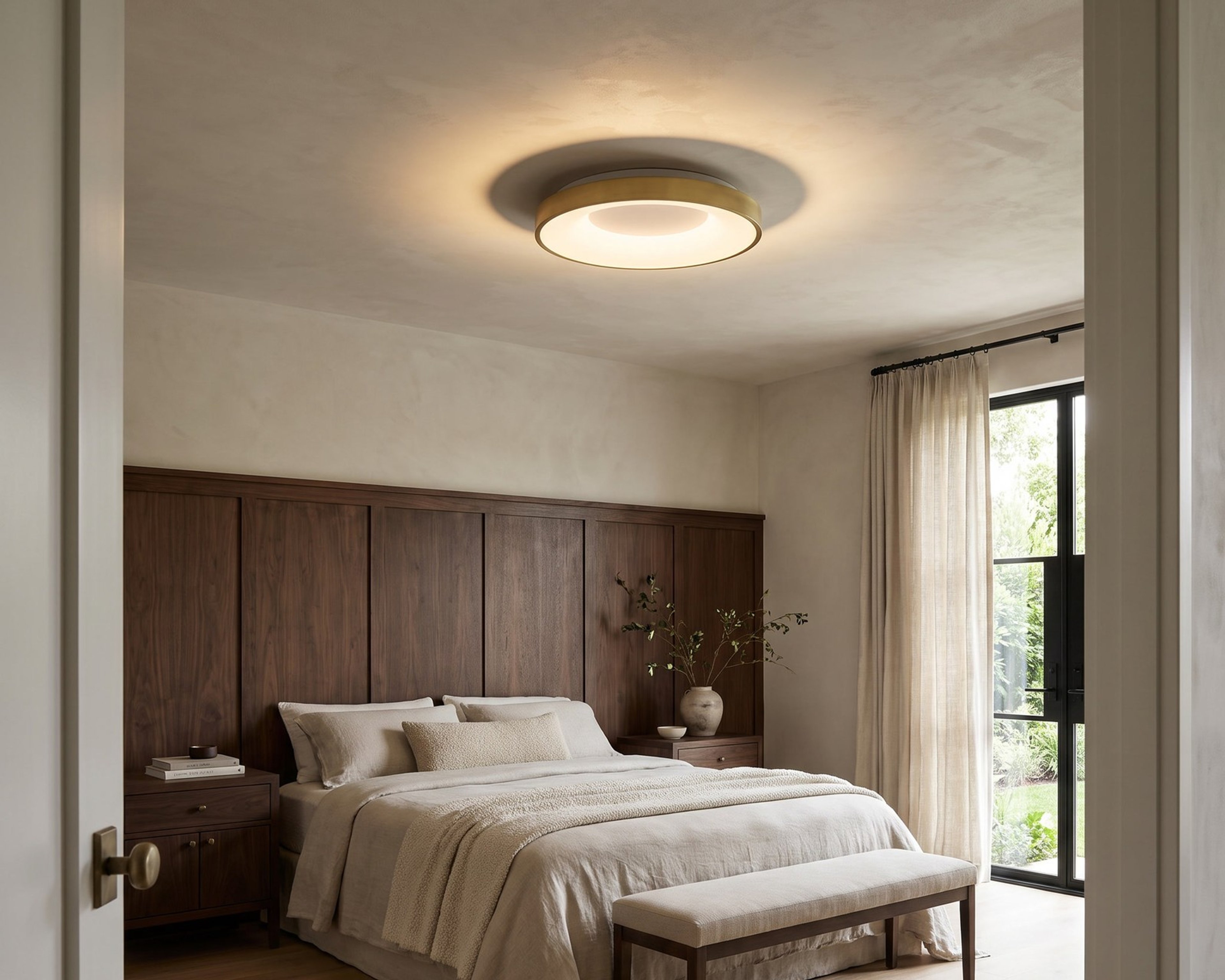 A flush ceiling light in a bedroom