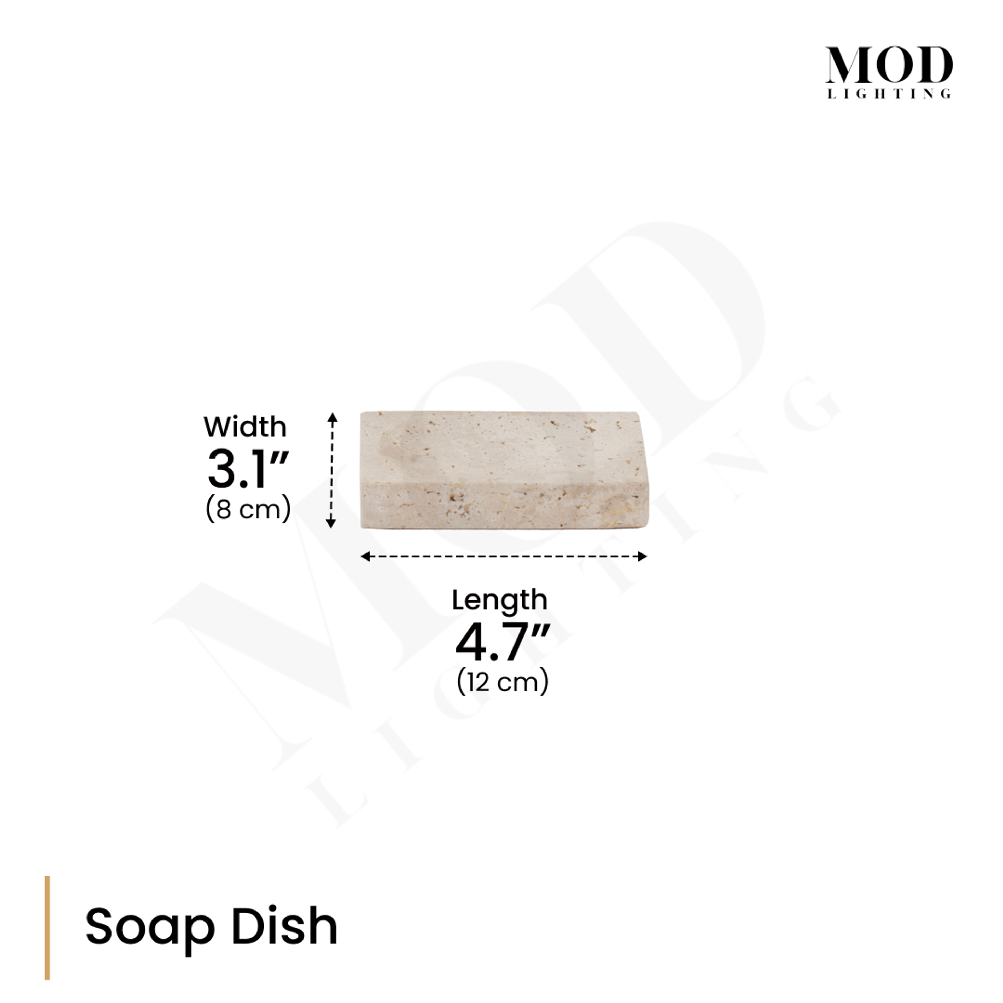 Golden Travertine soap dish, low rectangular tray, dimension diagram: 3.1" (8 cm) width, 4.7" (12 cm) length