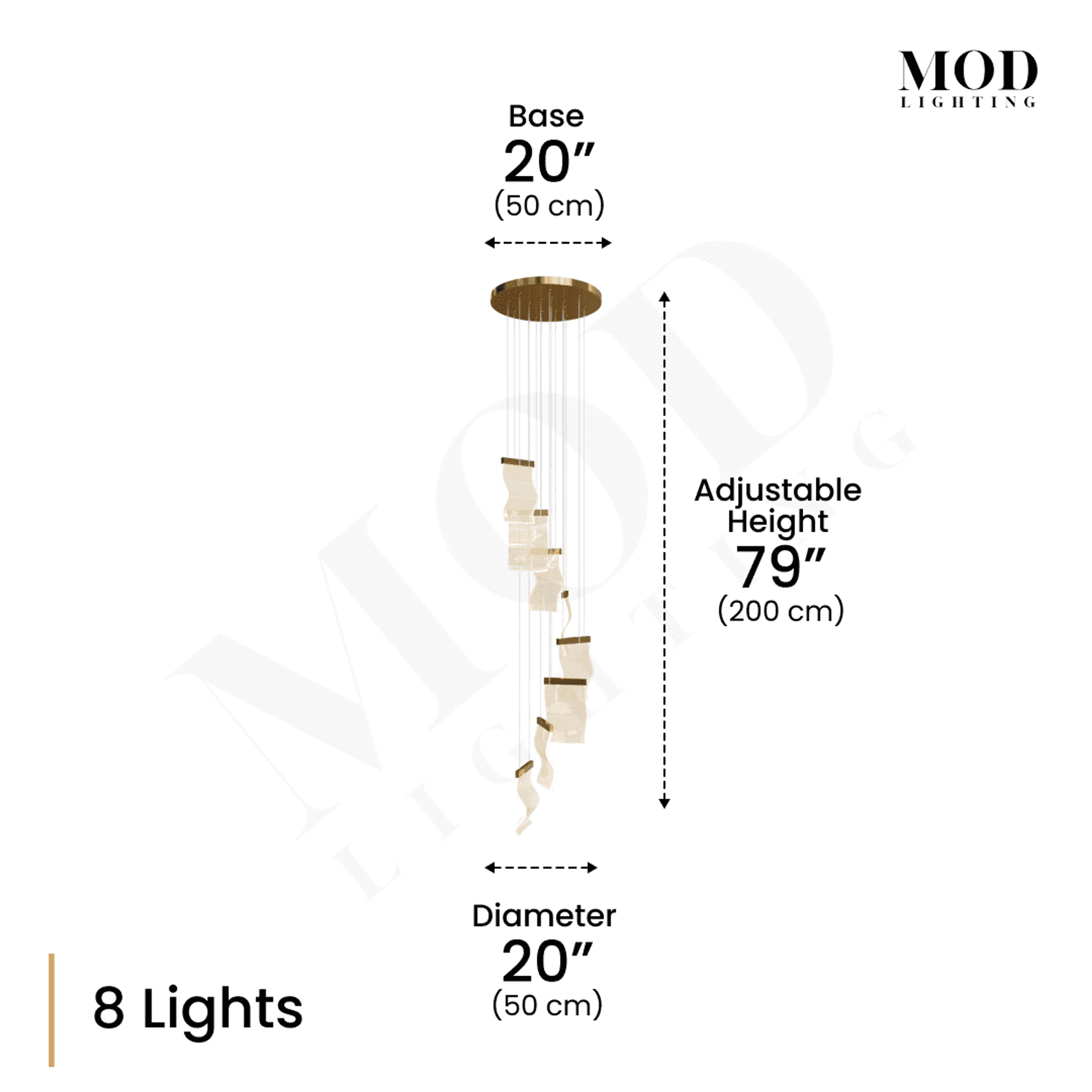 Helia 8-light spiral chandelier dimension diagram: 20in base and diameter, 79in adjustable height