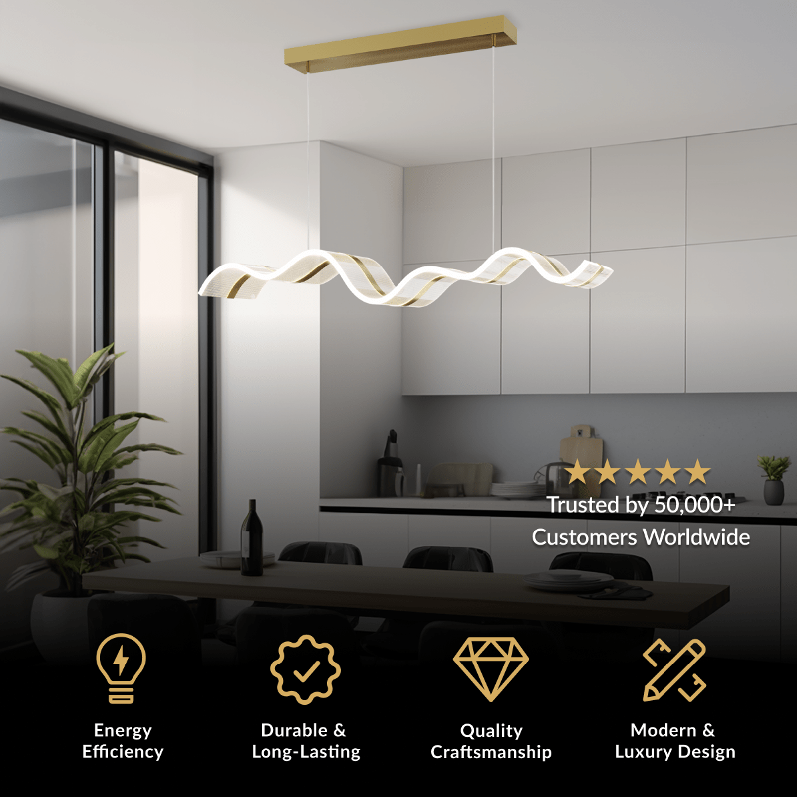 Ribbon pendant, gold twisted ribbon-form LED bar, over a kitchen island