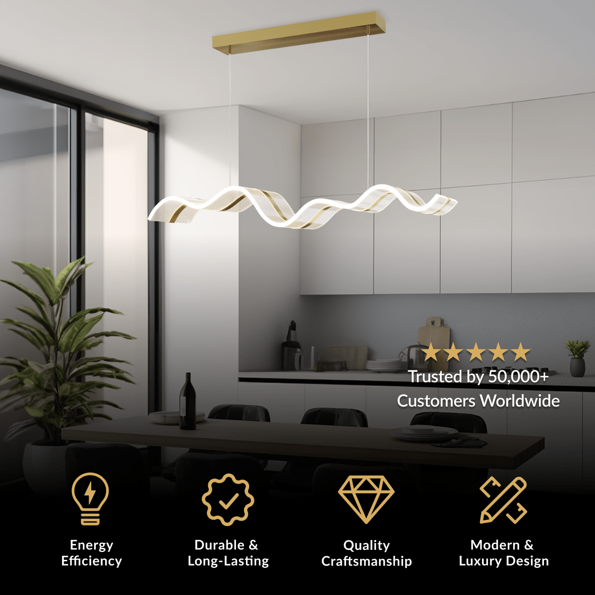 Ribbon pendant, gold twisted ribbon-form LED bar, over a kitchen island