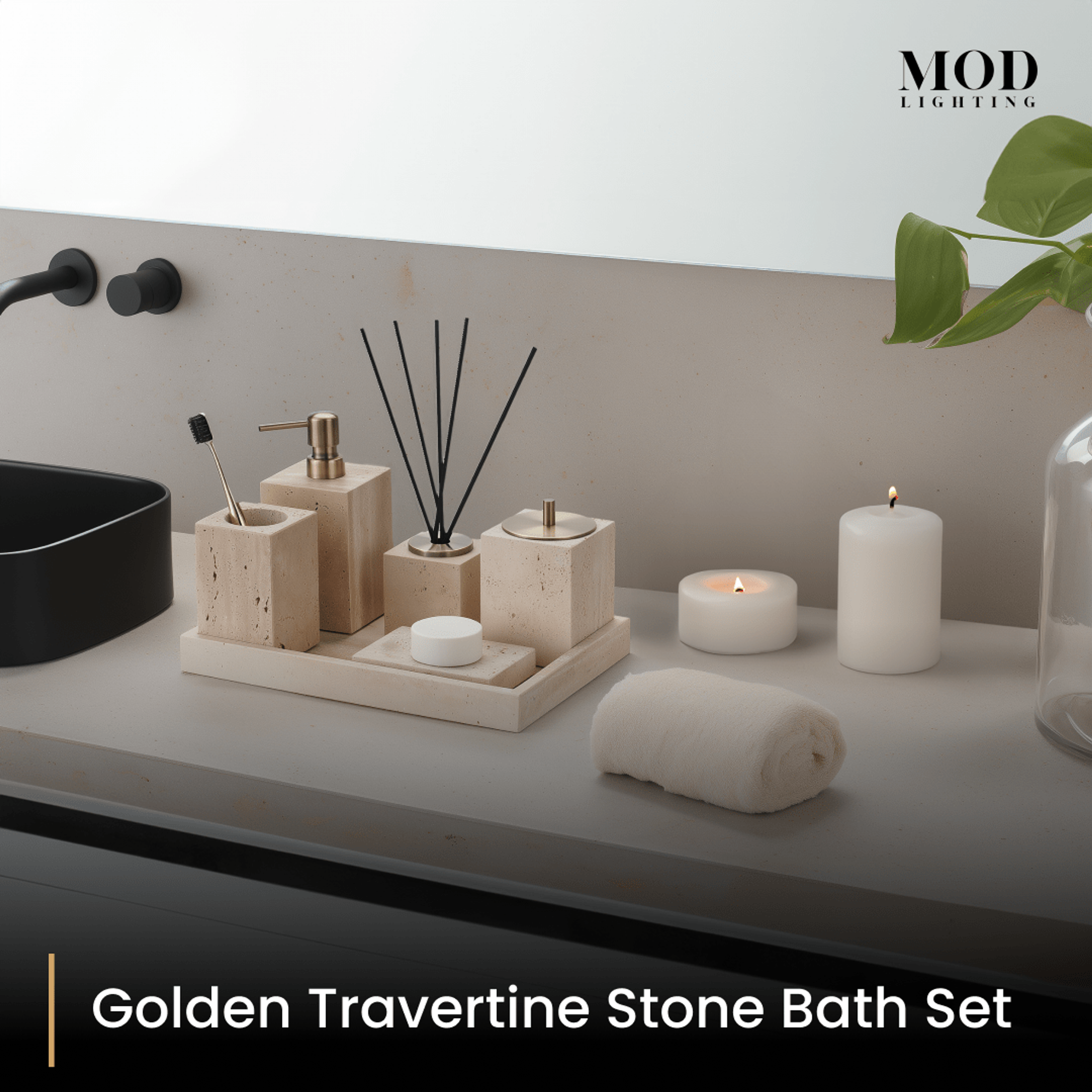 Golden Travertine Stone Bath Set on a tray with candle and rolled towel on a bathroom vanity with black tapware