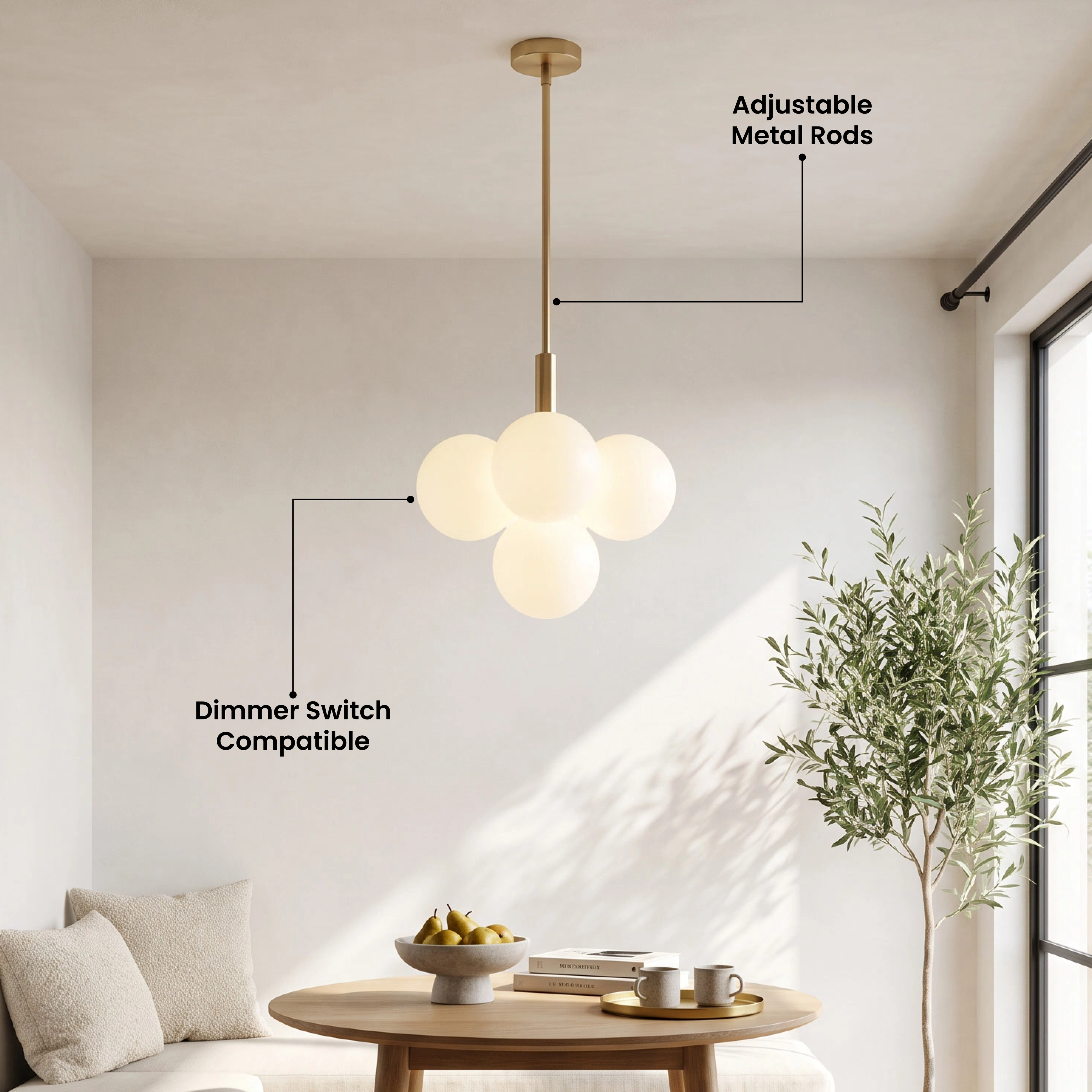 Angelica gold pendant, cluster of four white opal-glass globes on a brass rod, over a desk
