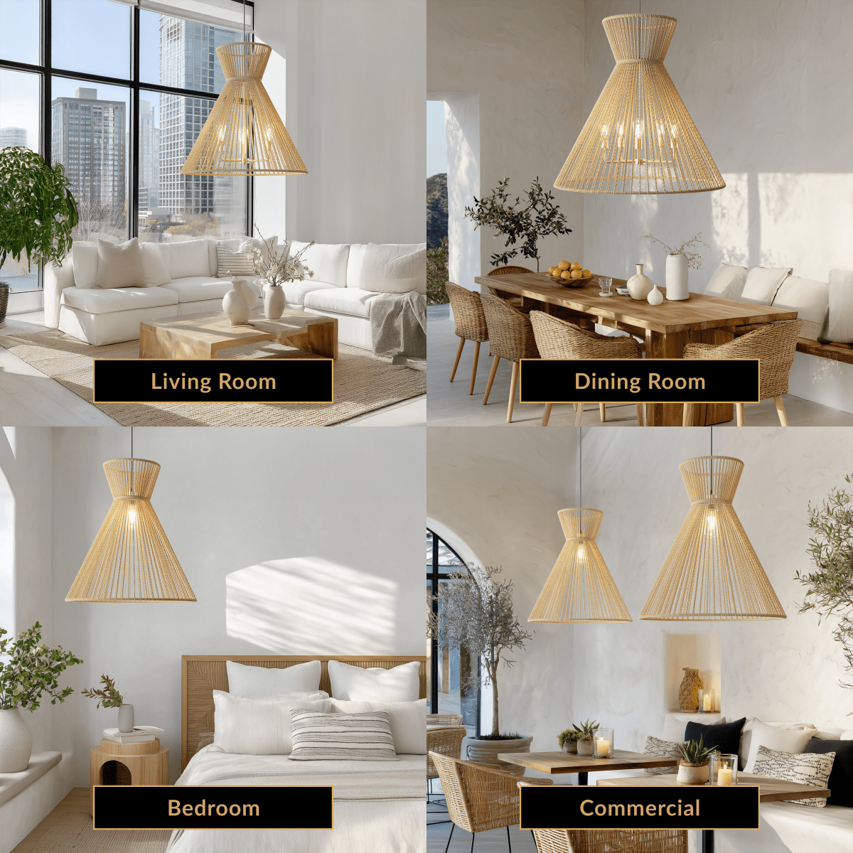 Isla hemp rope pendant, flared hourglass form with brass, shown over a living room, dining, bedroom and cafe
