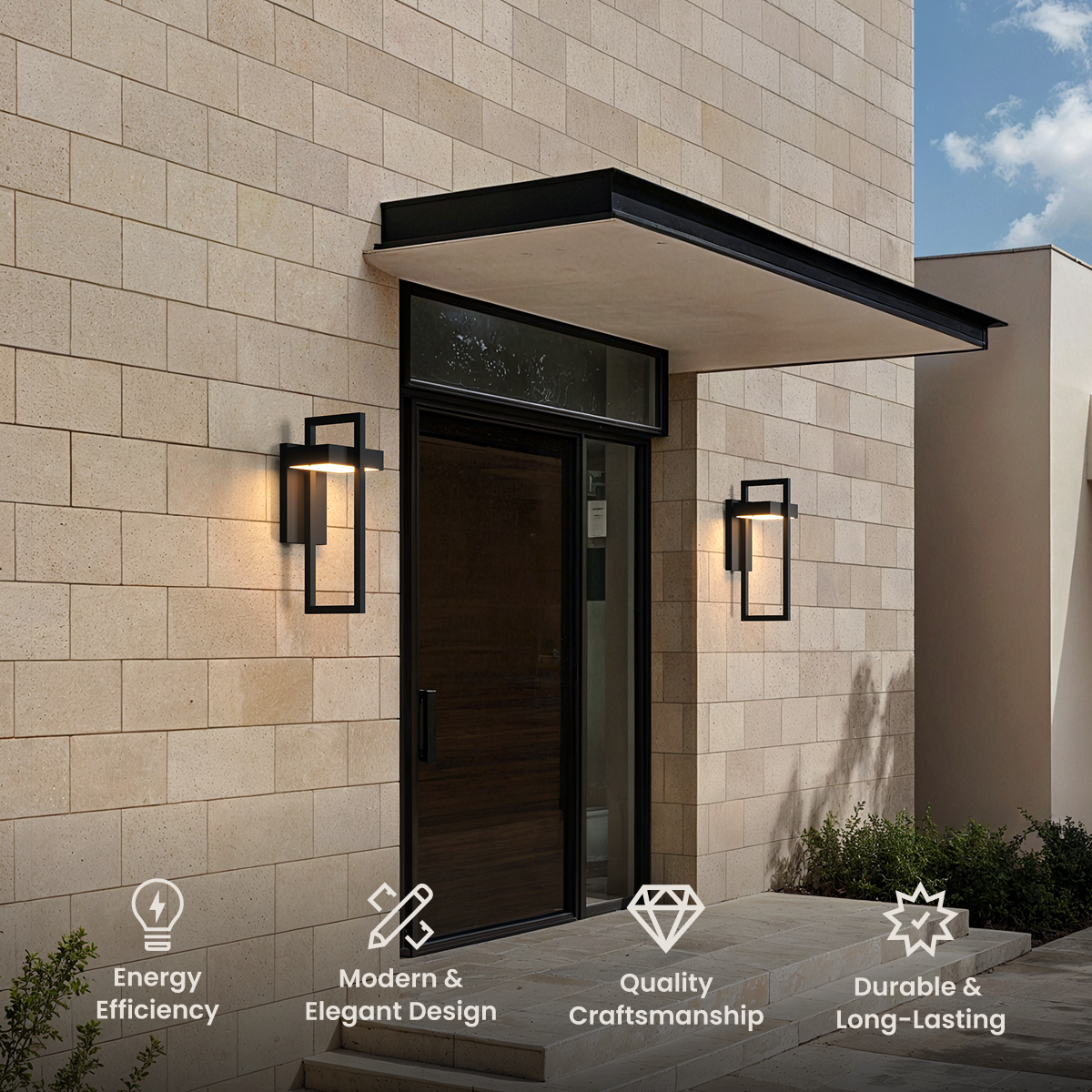 Terri outdoor sconces flanking a dark front door, rectangular black wall lights on a stone facade