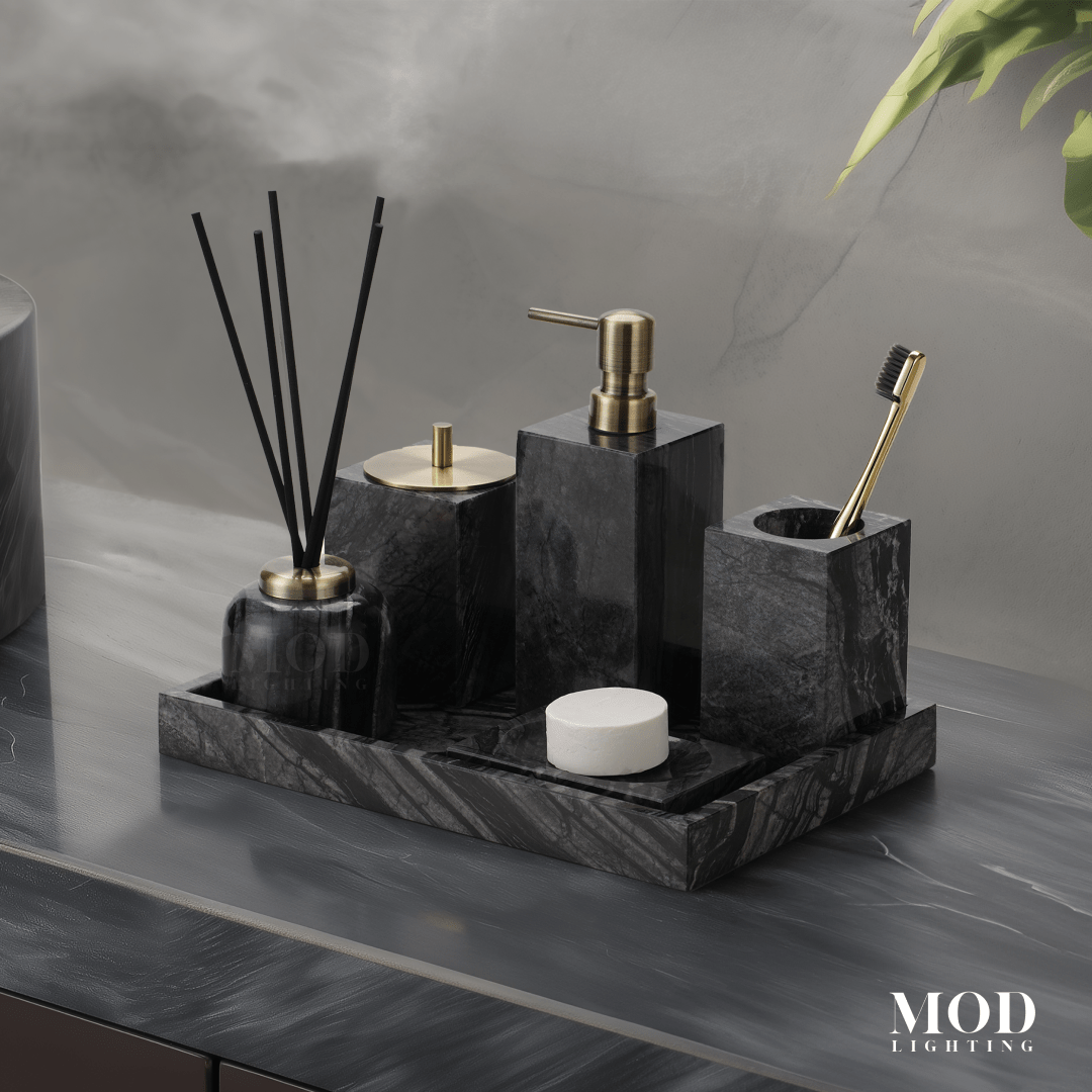 Timber Vein Marble Bath Set in black veined marble with soap pump, holders and tray