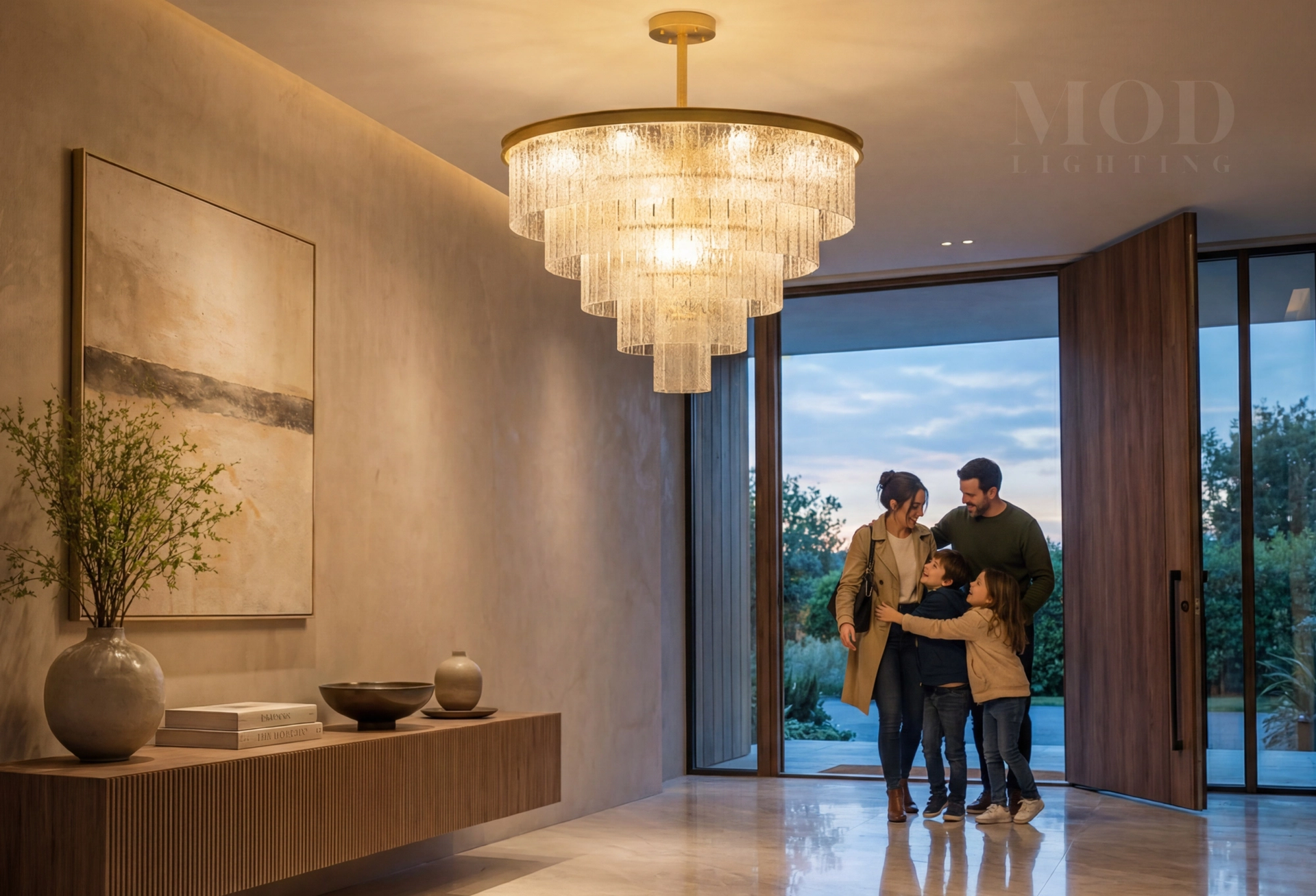 Family arriving home to a warm glowing modern entryway at evening