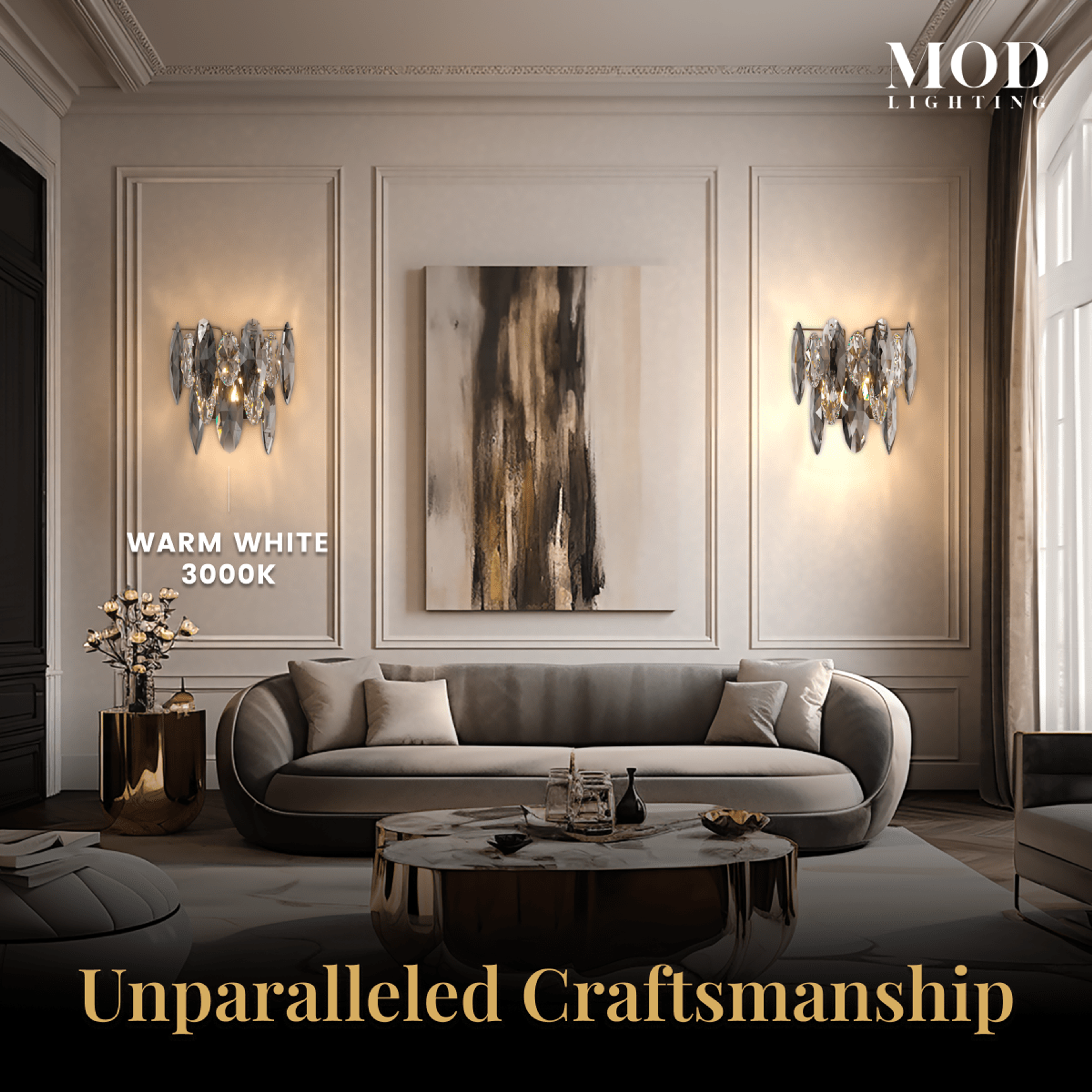 Celestial gold crystal wall sconces flanking artwork above a sofa in a beige living room, warm white 3000K