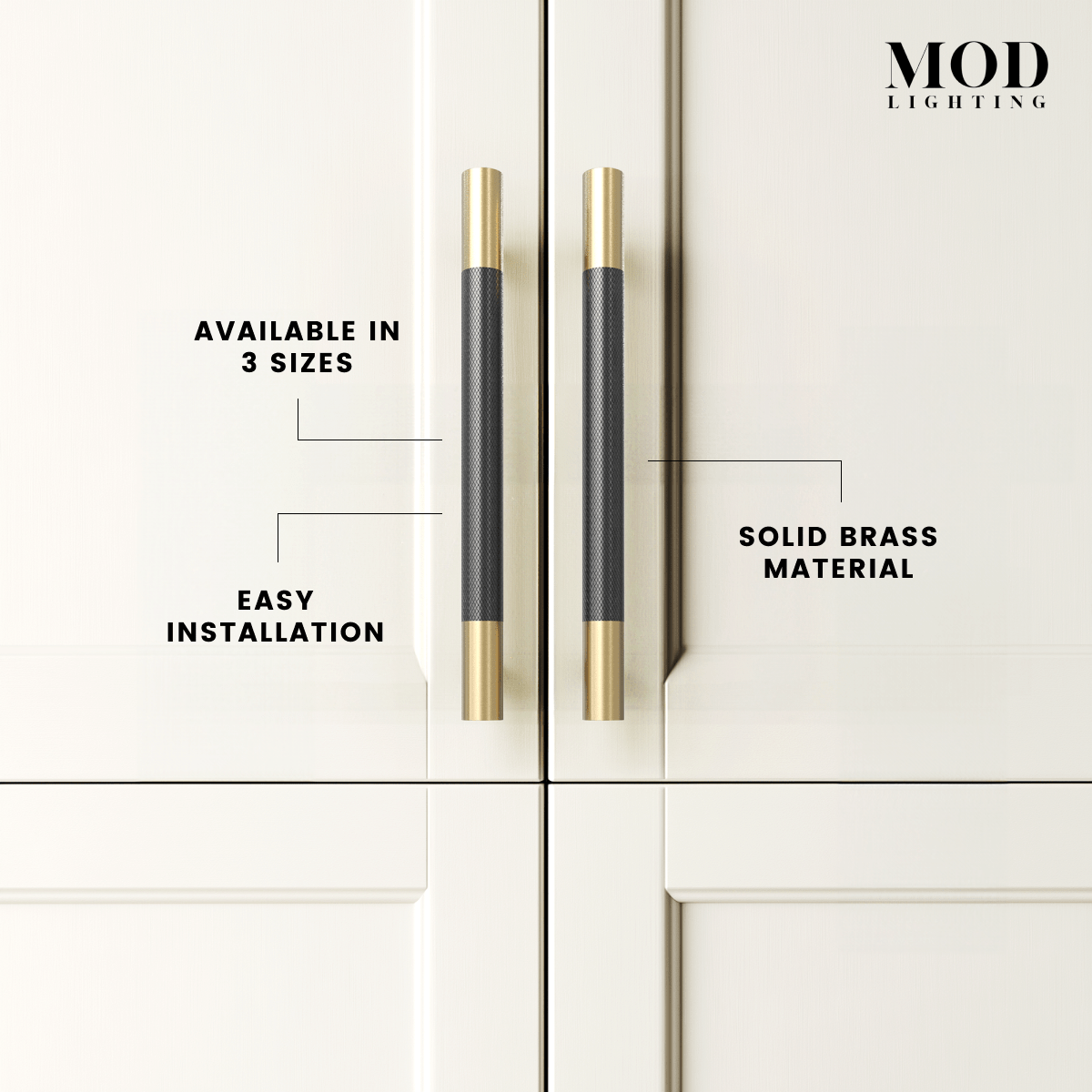 Wellington black-and-brushed-gold cabinet pulls on white doors, labeled solid brass, 3 sizes, easy installation