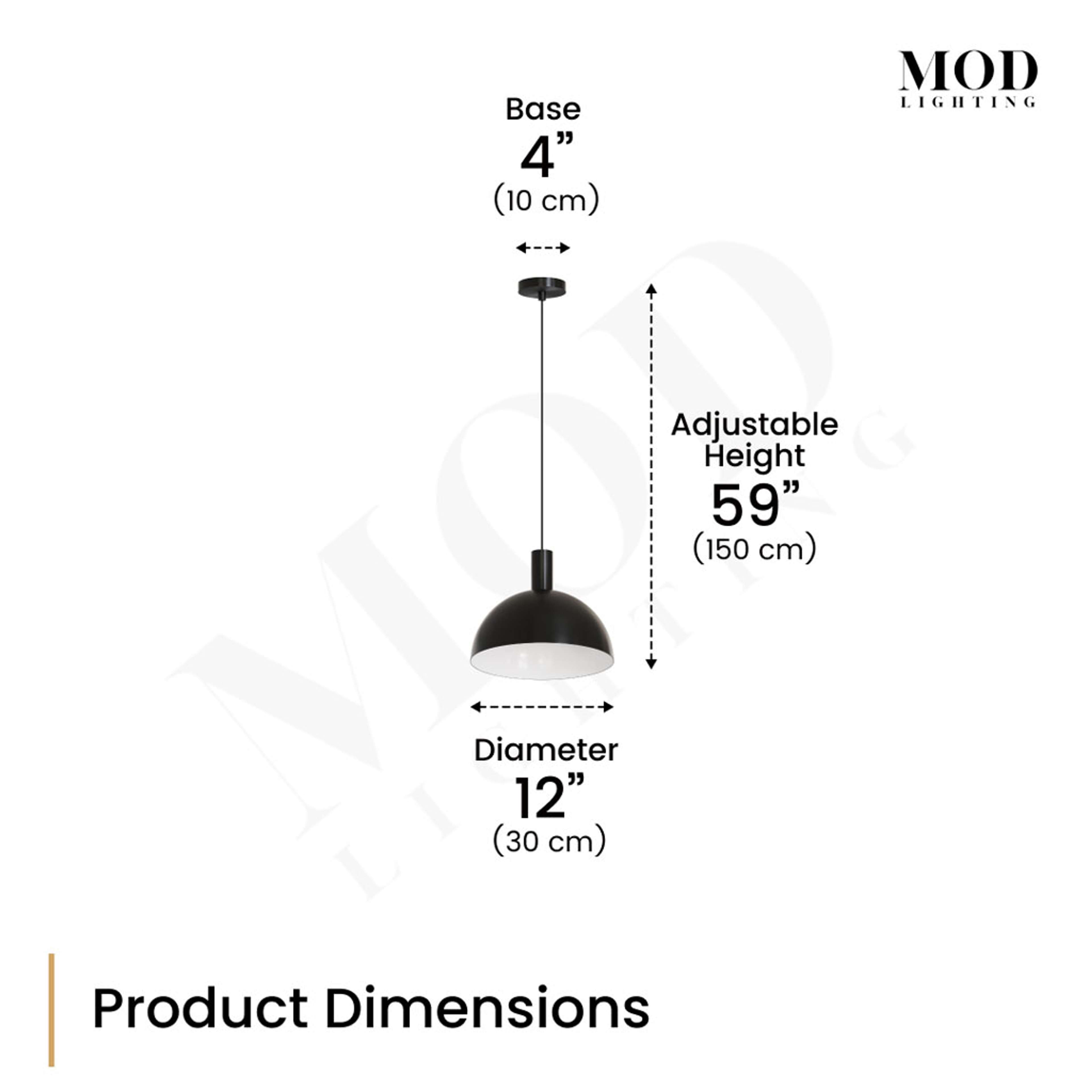 Kinsley black dome pendant dimension diagram: 12 in diameter, 4 in base, 59 in adjustable height