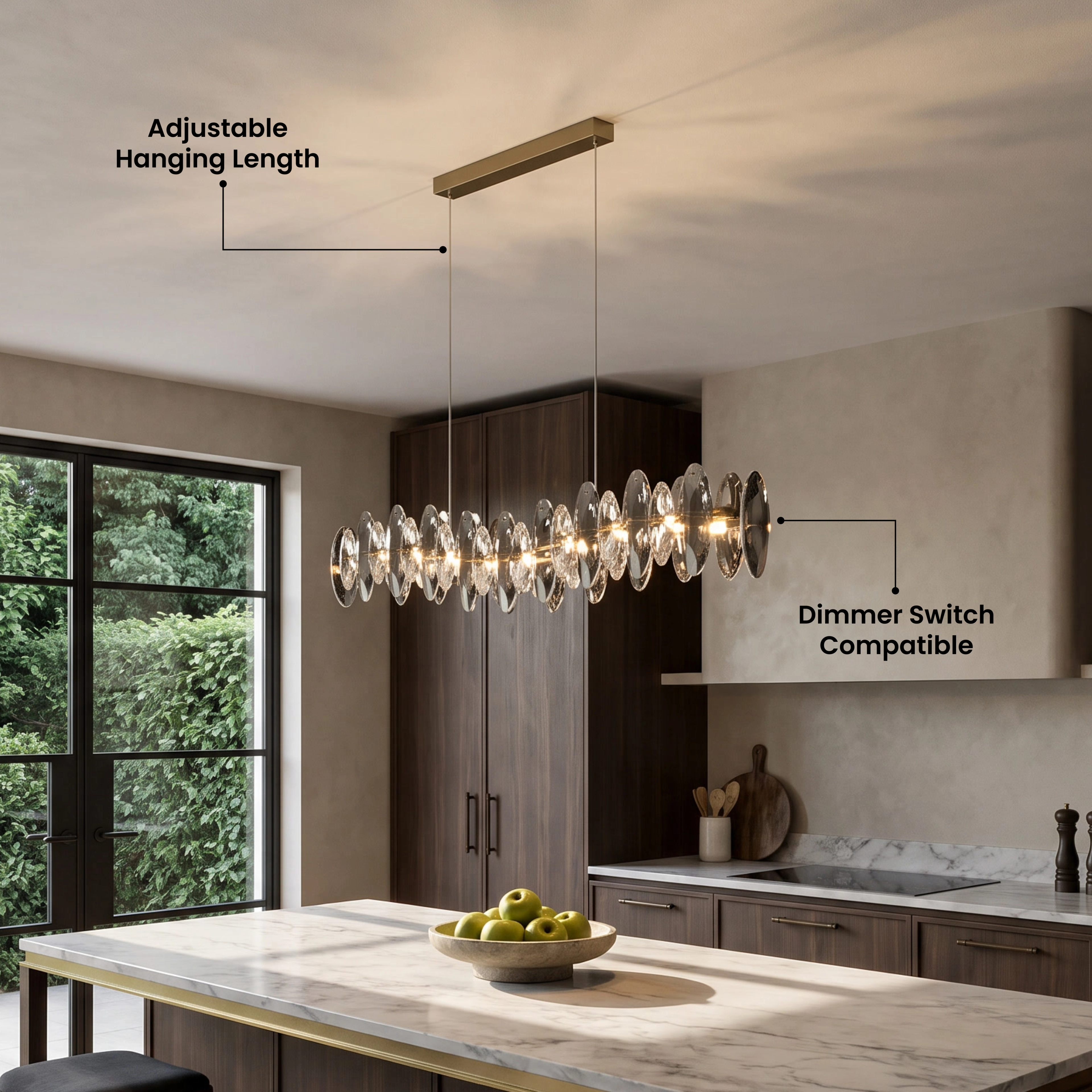 Celestial gold linear crystal pendant over a dining table in a modern kitchen, customer review overlay