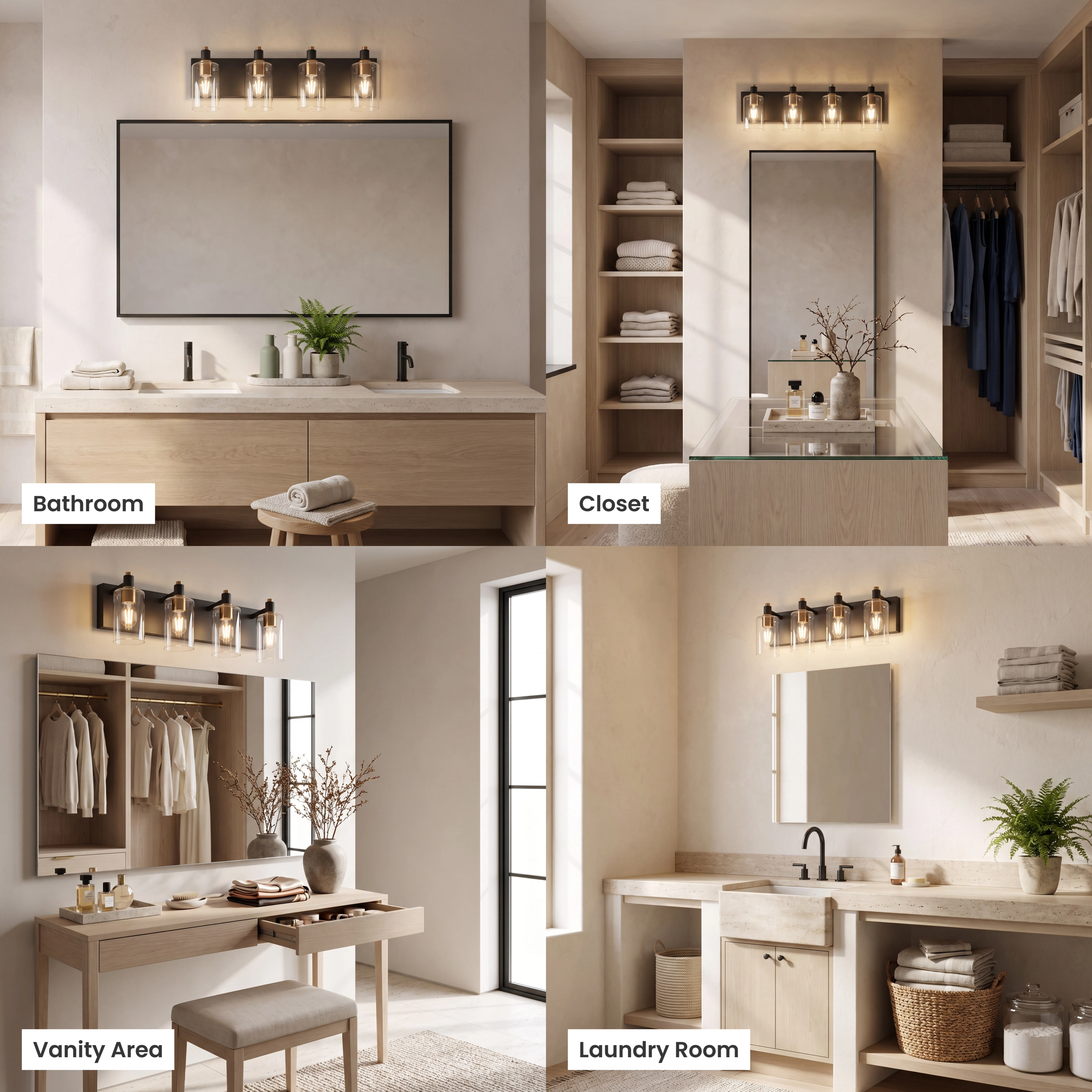 Hazel black-and-gold vanity light with clear-glass shades shown over vanity, laundry, bathroom and powder room mirrors