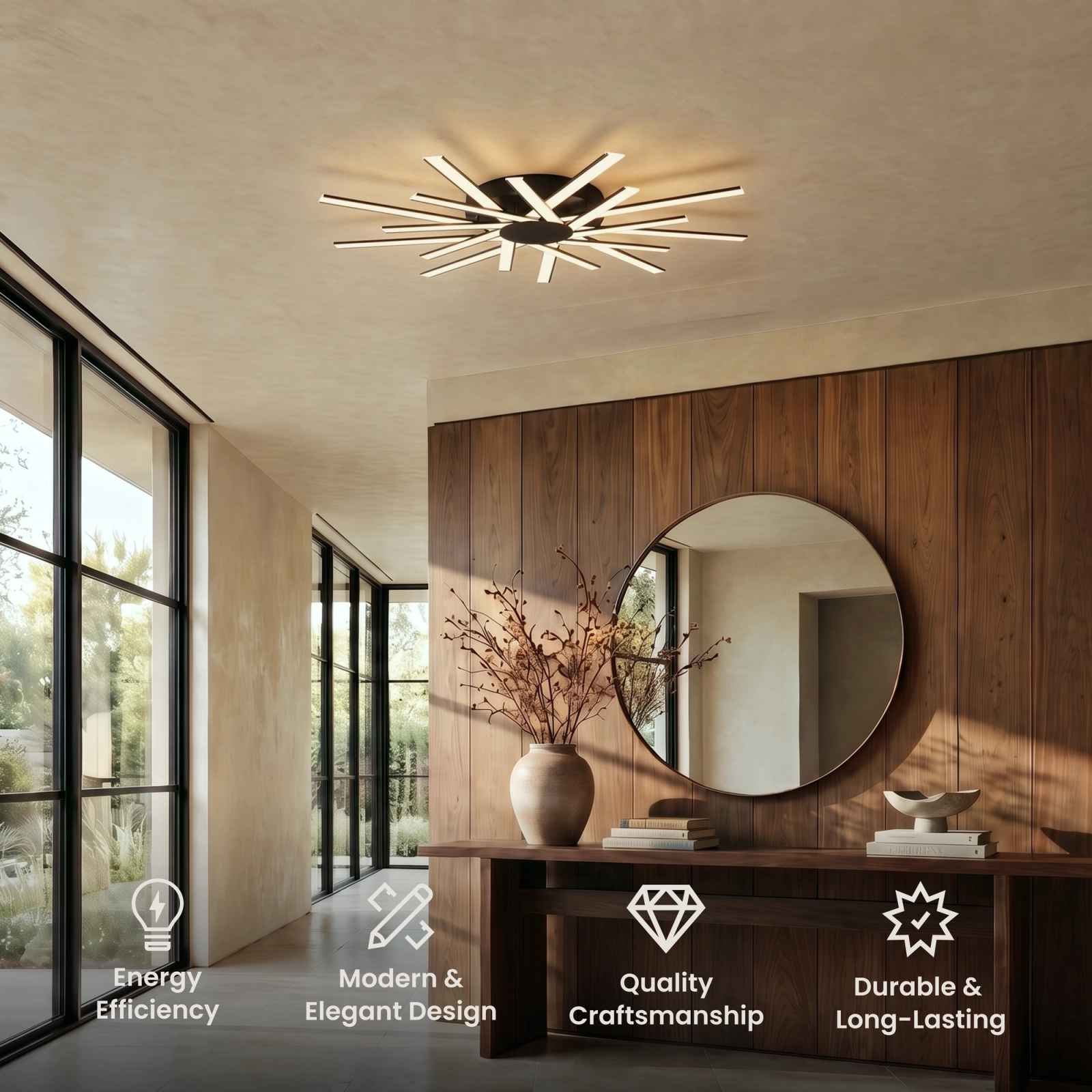 Sparkle ceiling light, gold sunburst of warm LED bars radiating from a black hub, flush-mounted over a living room
