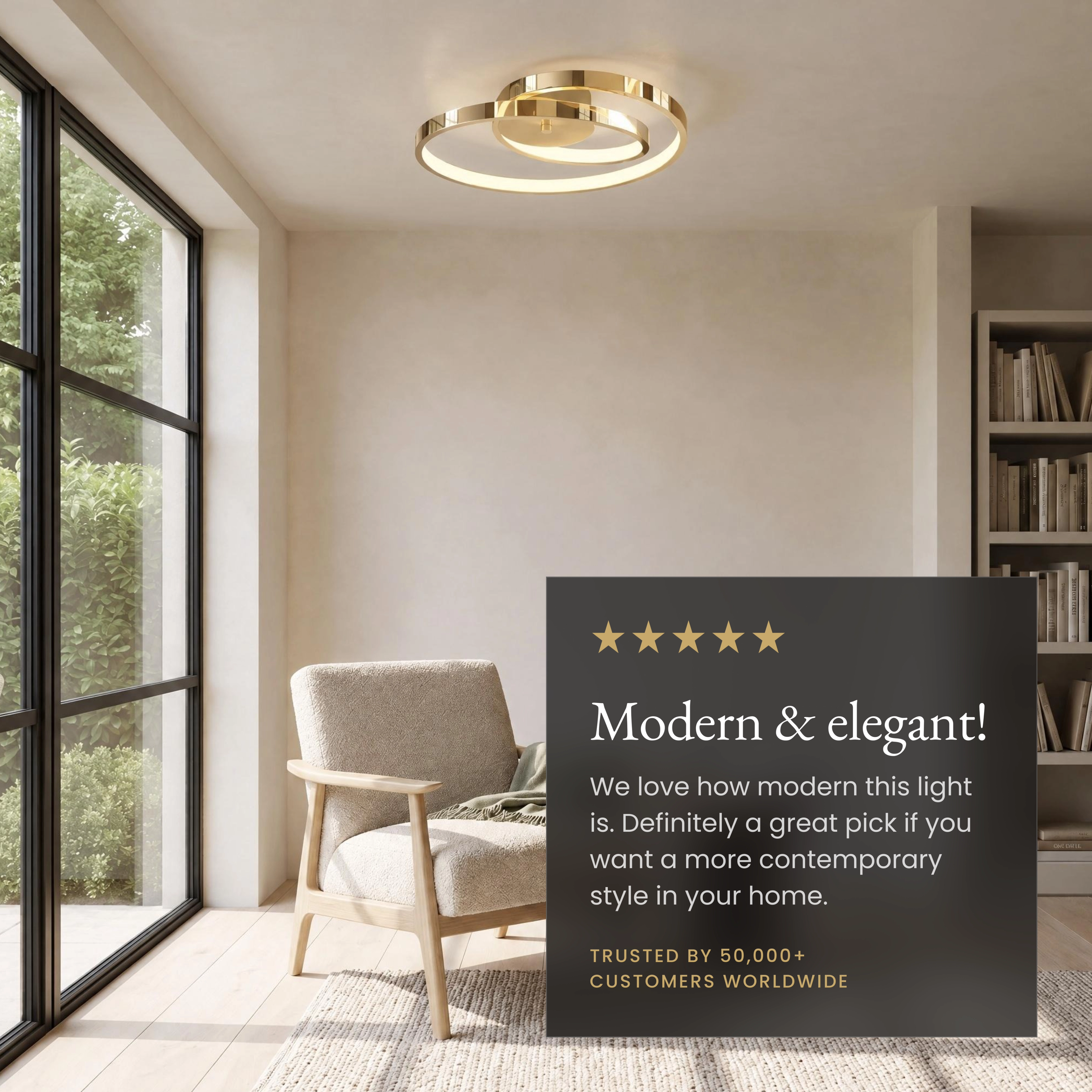 Elise gold spiral-ring flush-mount above a dining table, labeled aluminum, dimmable, replaceable LED strips