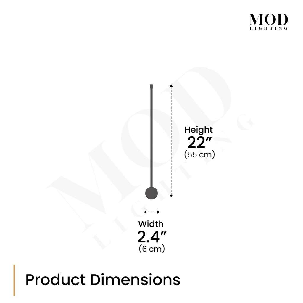 Cadel wall light dimension diagram: single black linear bar with pivot, 22 in height, 2.4 in width