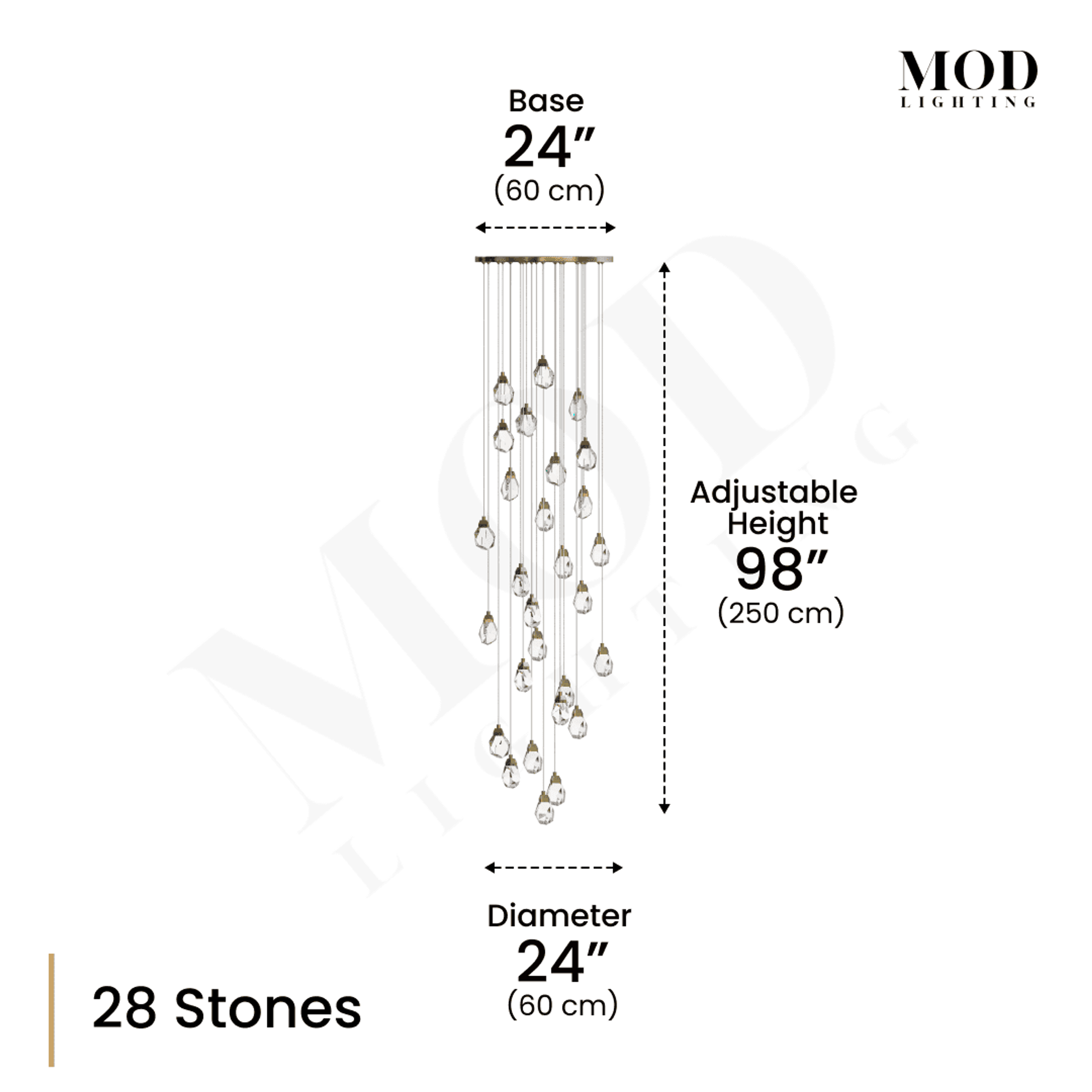 Hailstone dimension diagram, 28 faceted crystal stones, 24" base and diameter, 98" adjustable height
