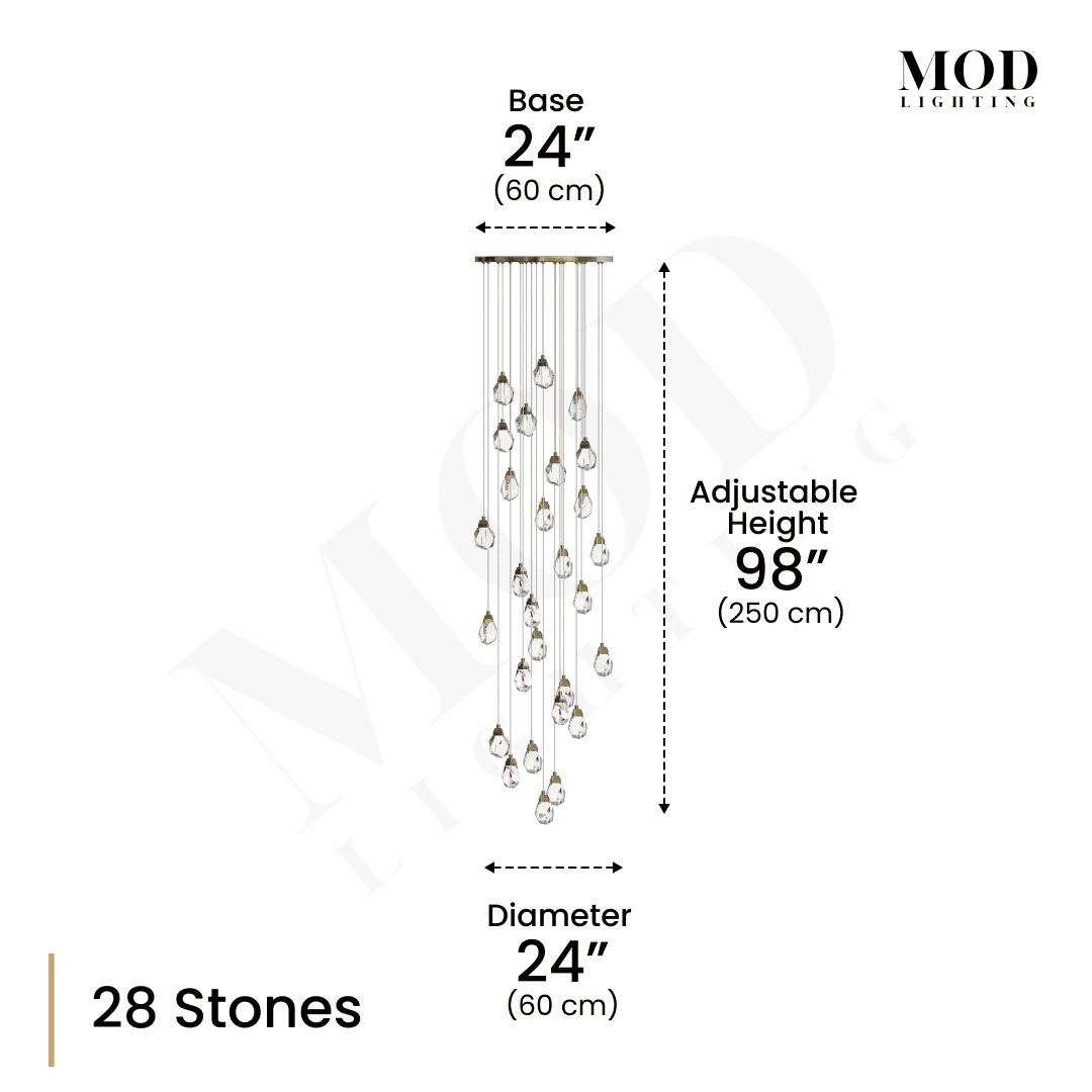 Hailstone dimension diagram, 28 faceted crystal stones, 24" base and diameter, 98" adjustable height