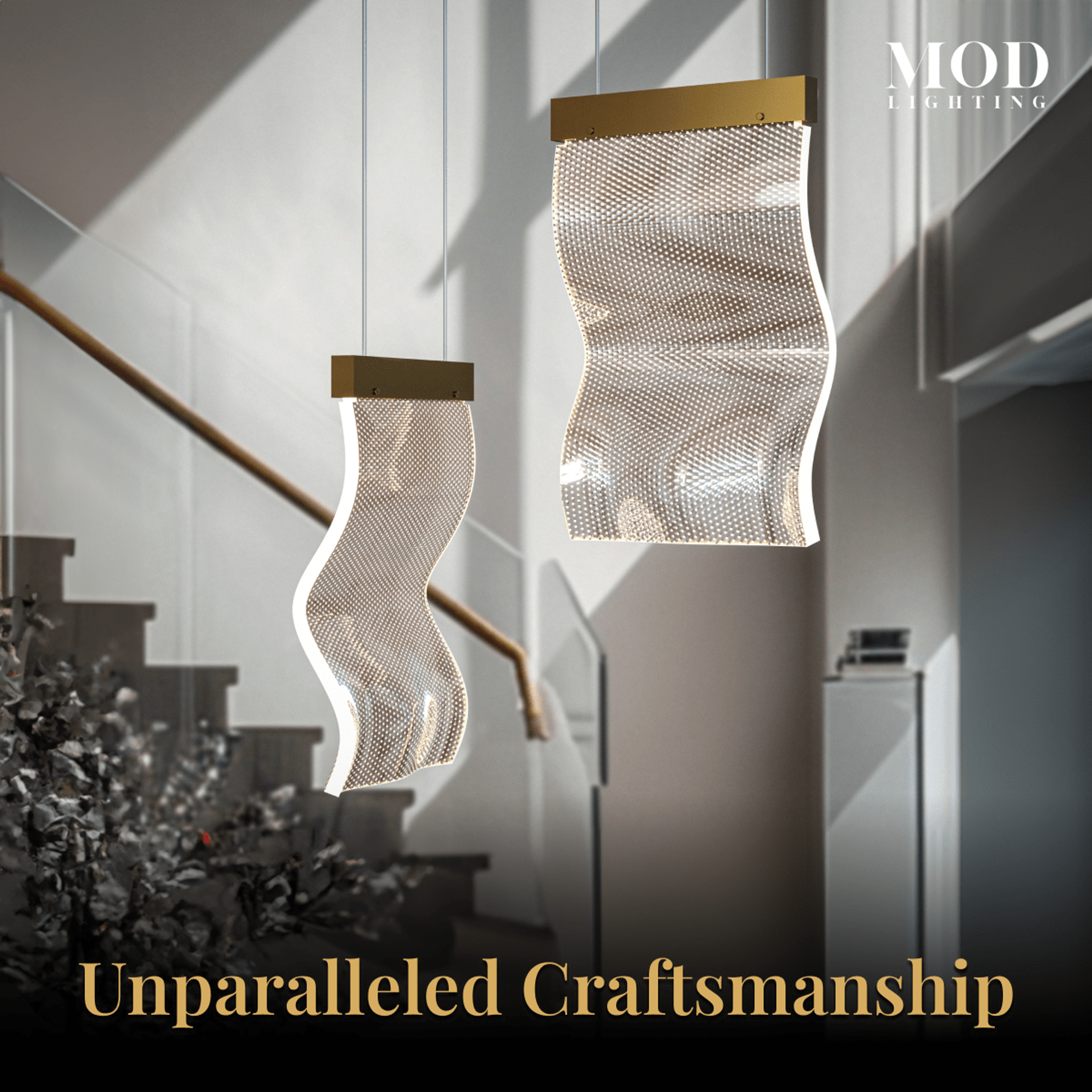 Helia pendants, two wavy ribbed-glass panels on gold mounts, hanging in a staircase