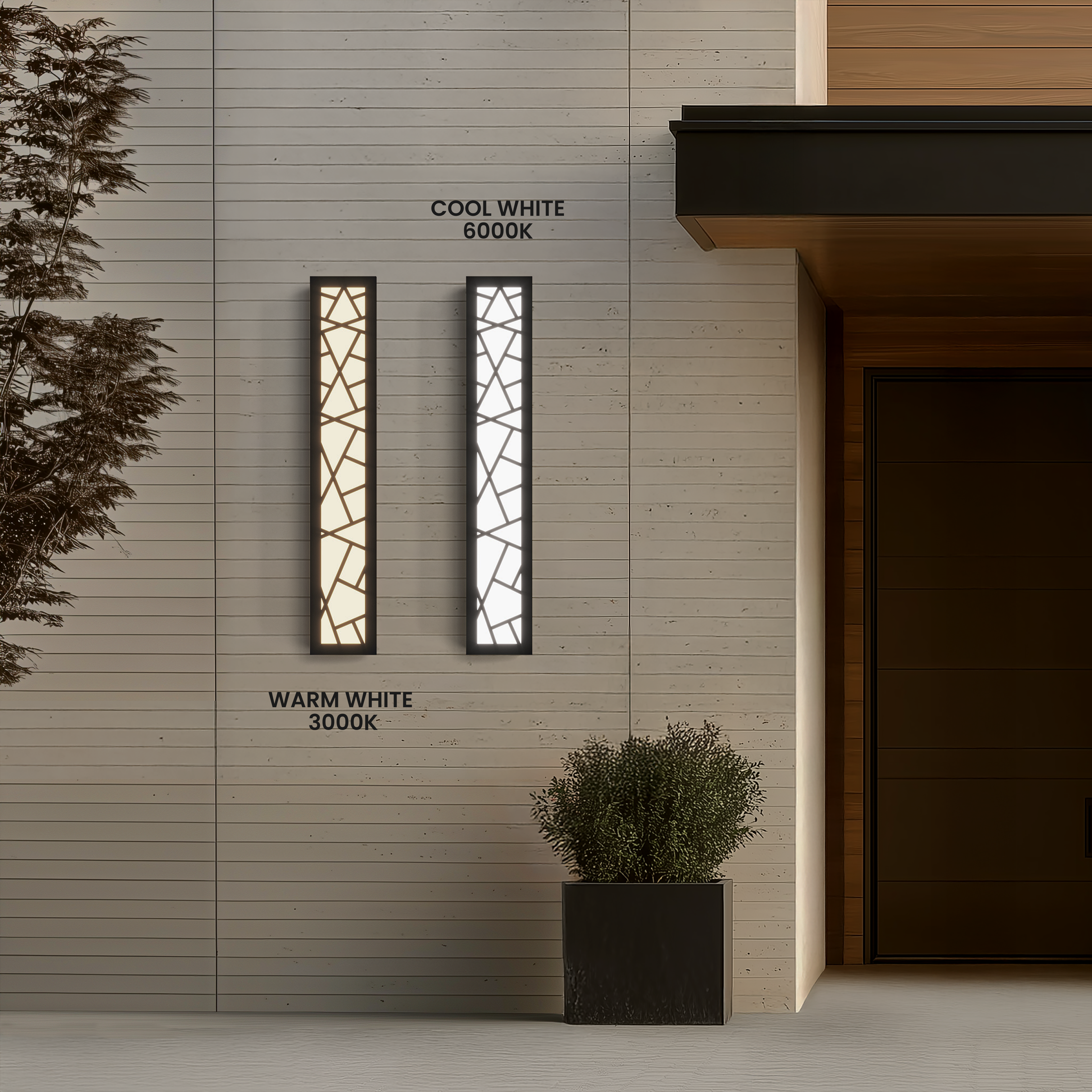 Harper Smart LED bar wall lights shown in warm white 3000K and cool white 6000K on a stucco wall