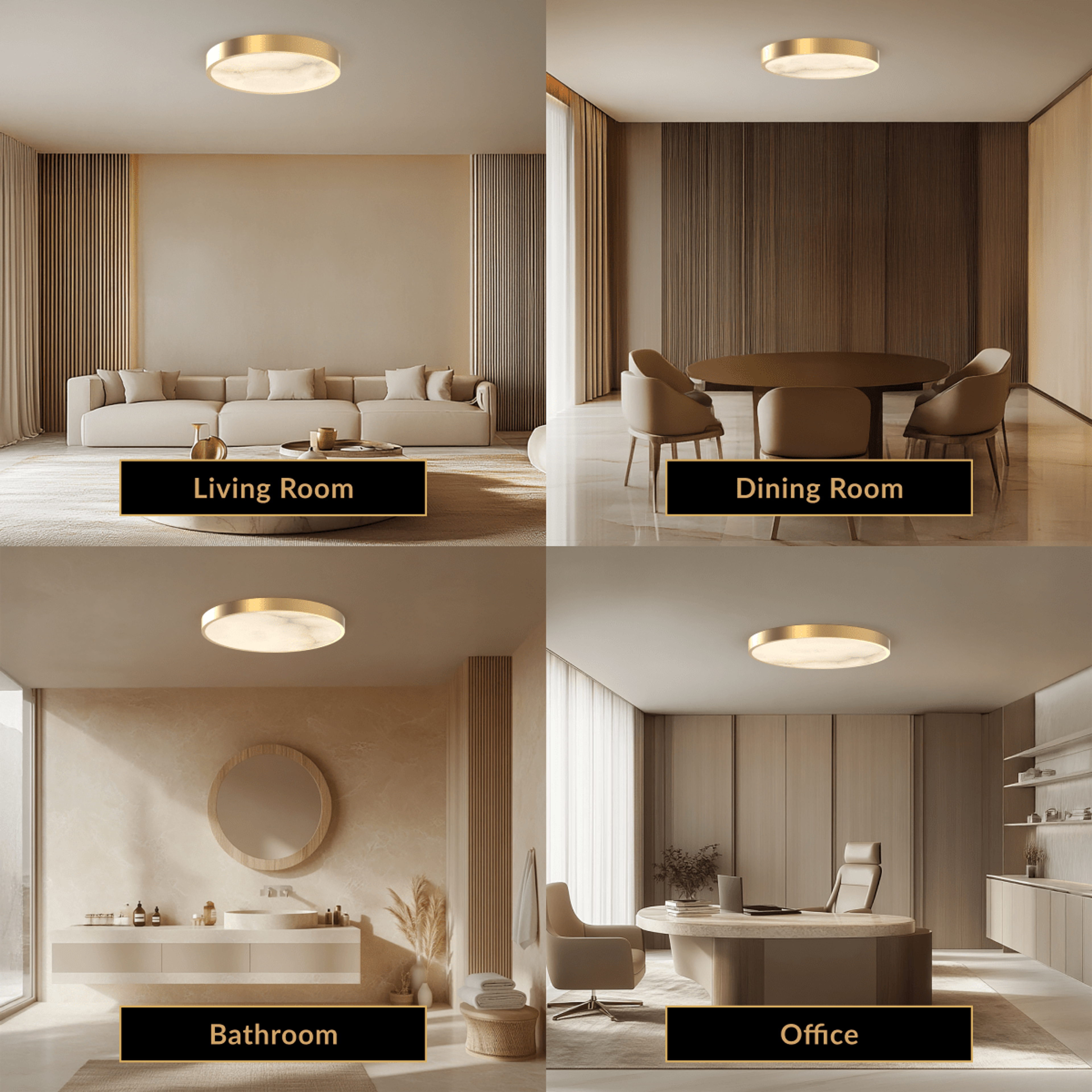 Celia gold round alabaster flush-mount ceiling light shown in living room, dining room, bathroom and office