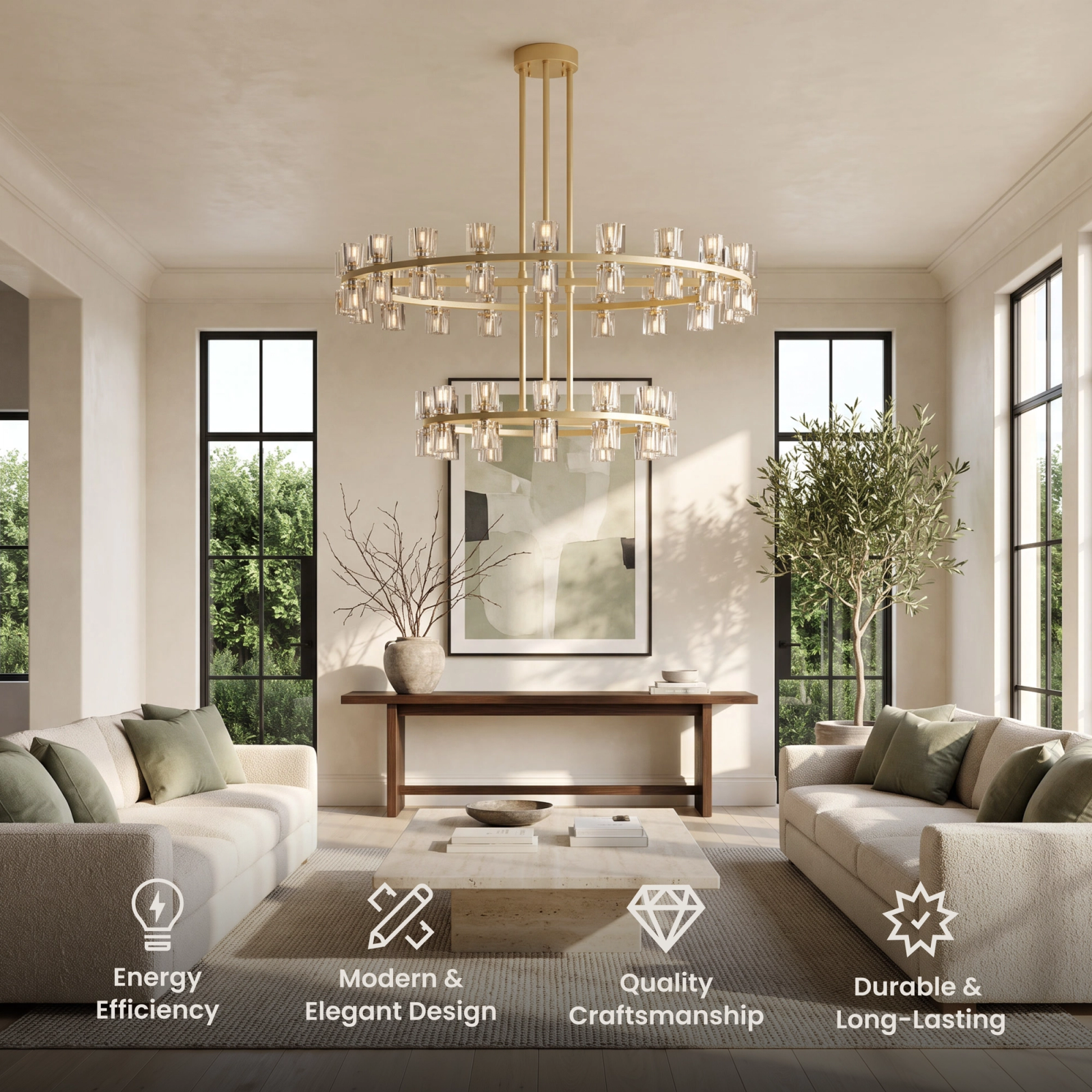 Sunset Chandelier, two-tiered brass frame with vertical crystal shades over a dining area