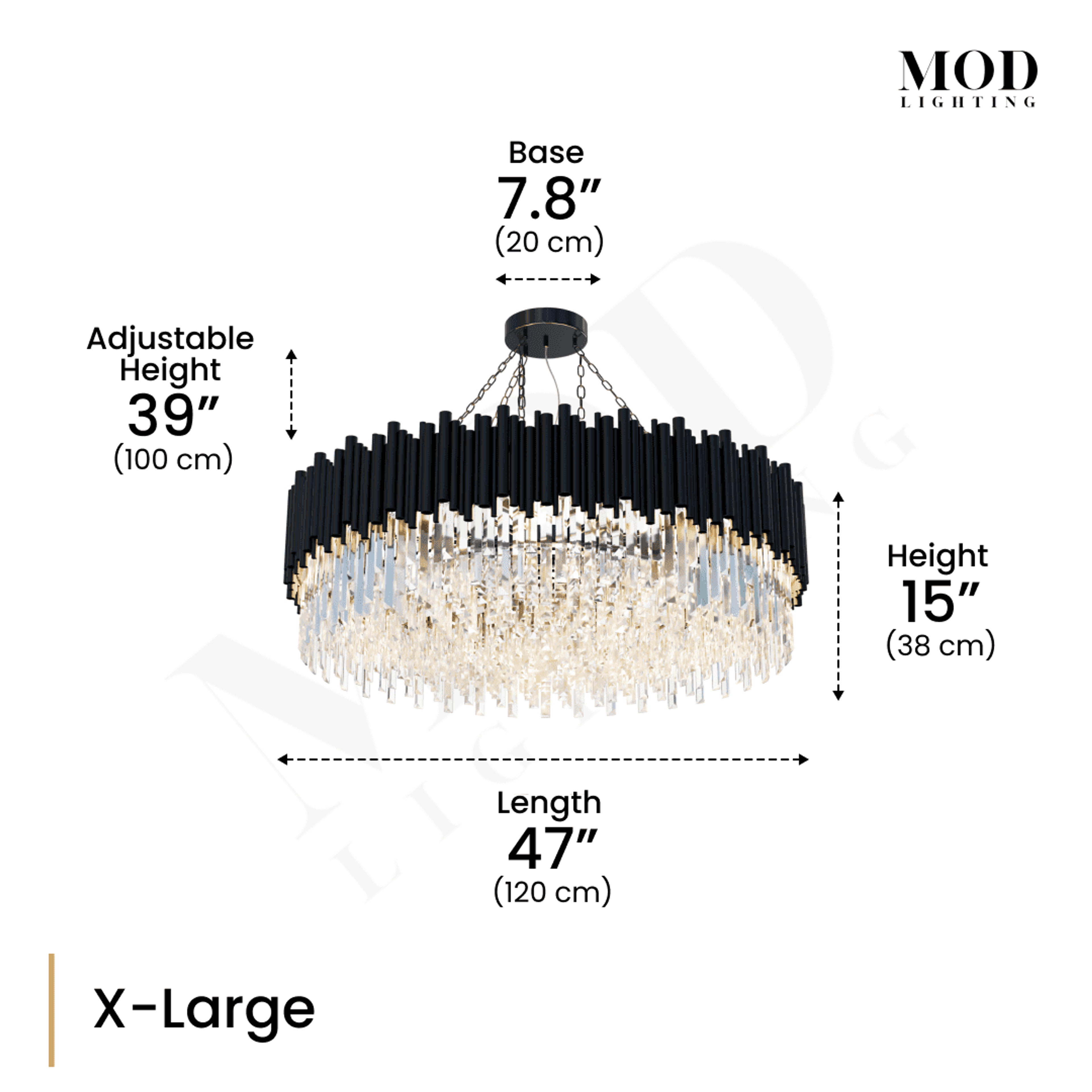 Obsidian black crystal chandelier, X-Large dimension diagram: 47" length, 15" height, 39" adjustable drop