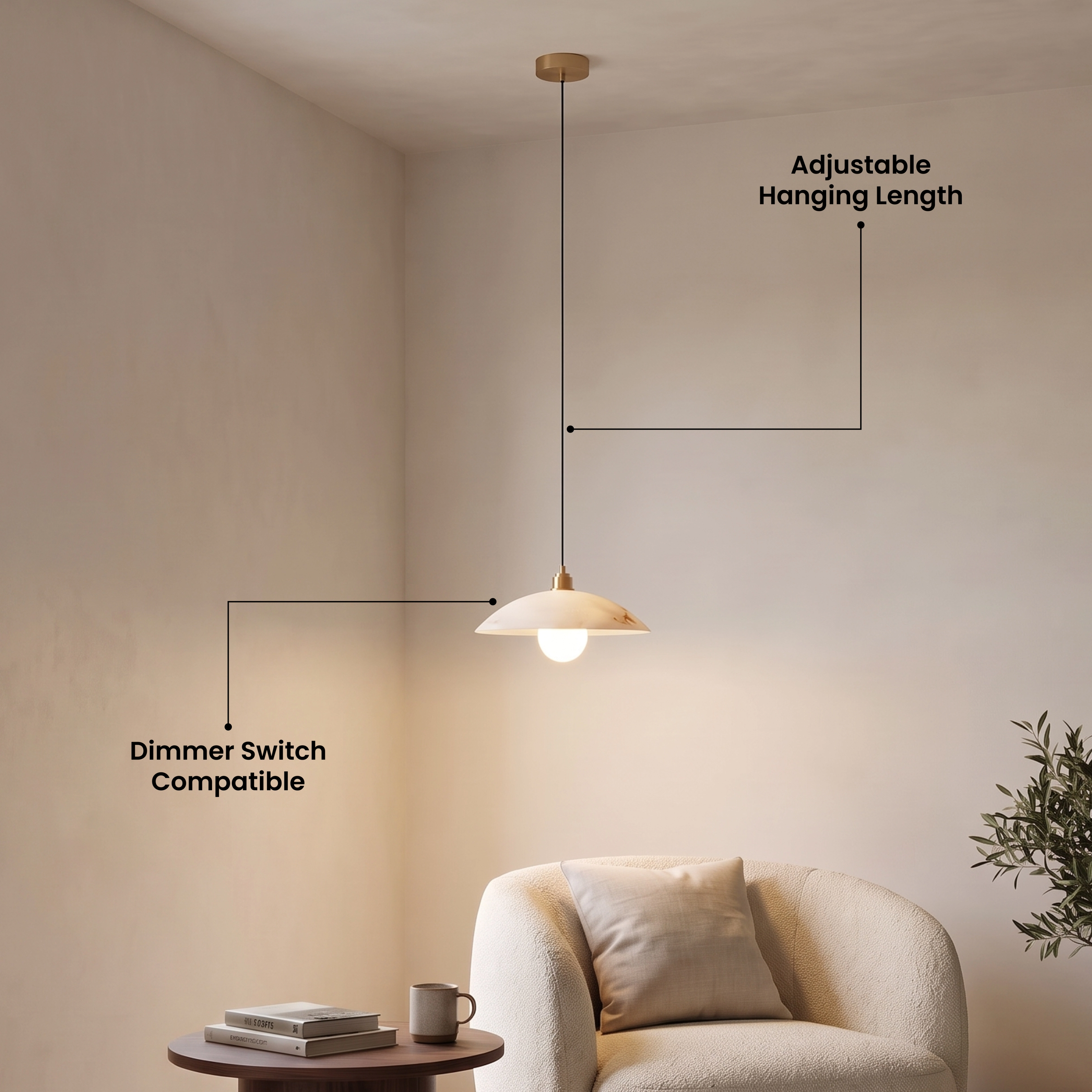 Zira alabaster dome pendant hung low over a dining table beside a branch vase in a warm neutral room