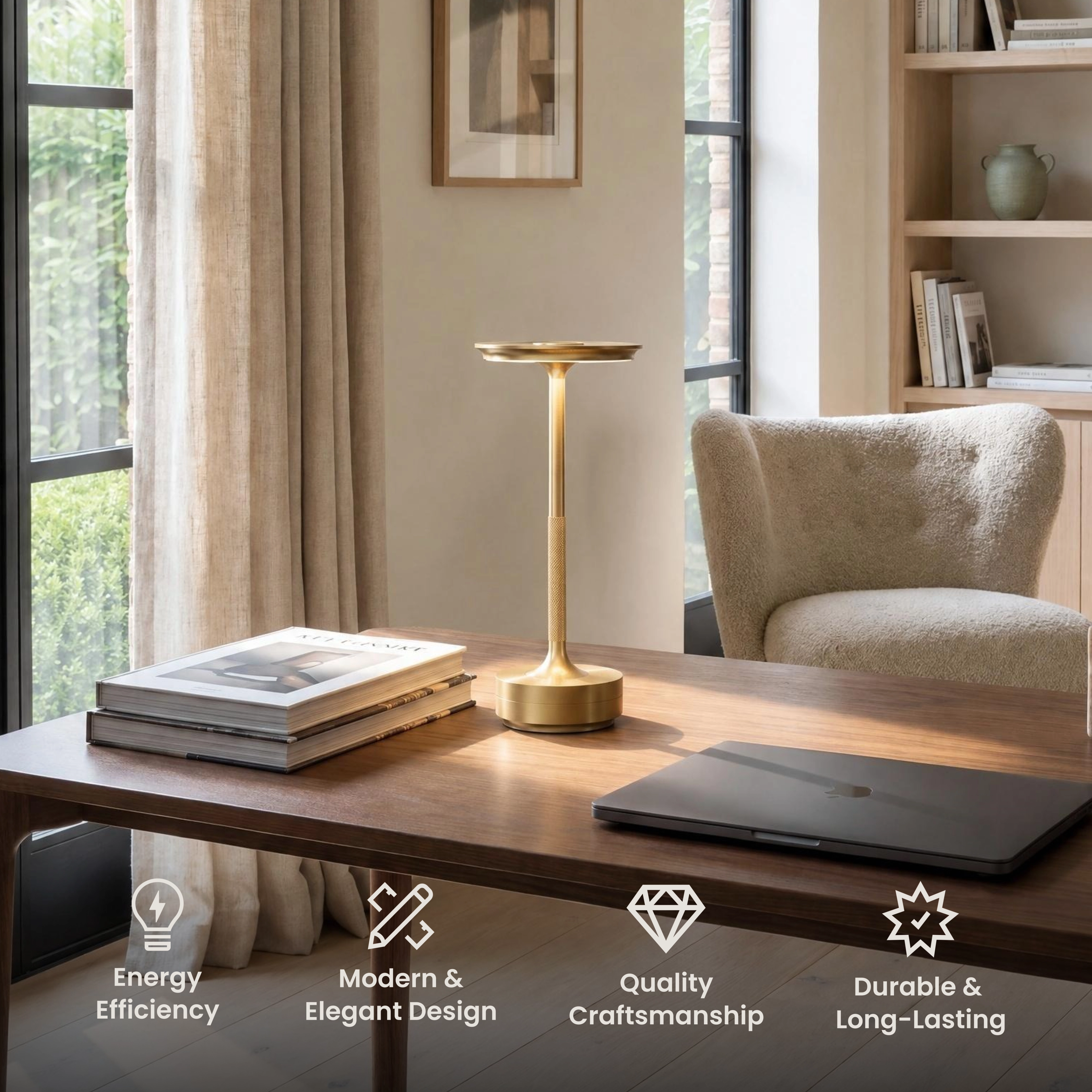 Aris rechargeable table lamp, gold cordless lamp with disc top on a side table