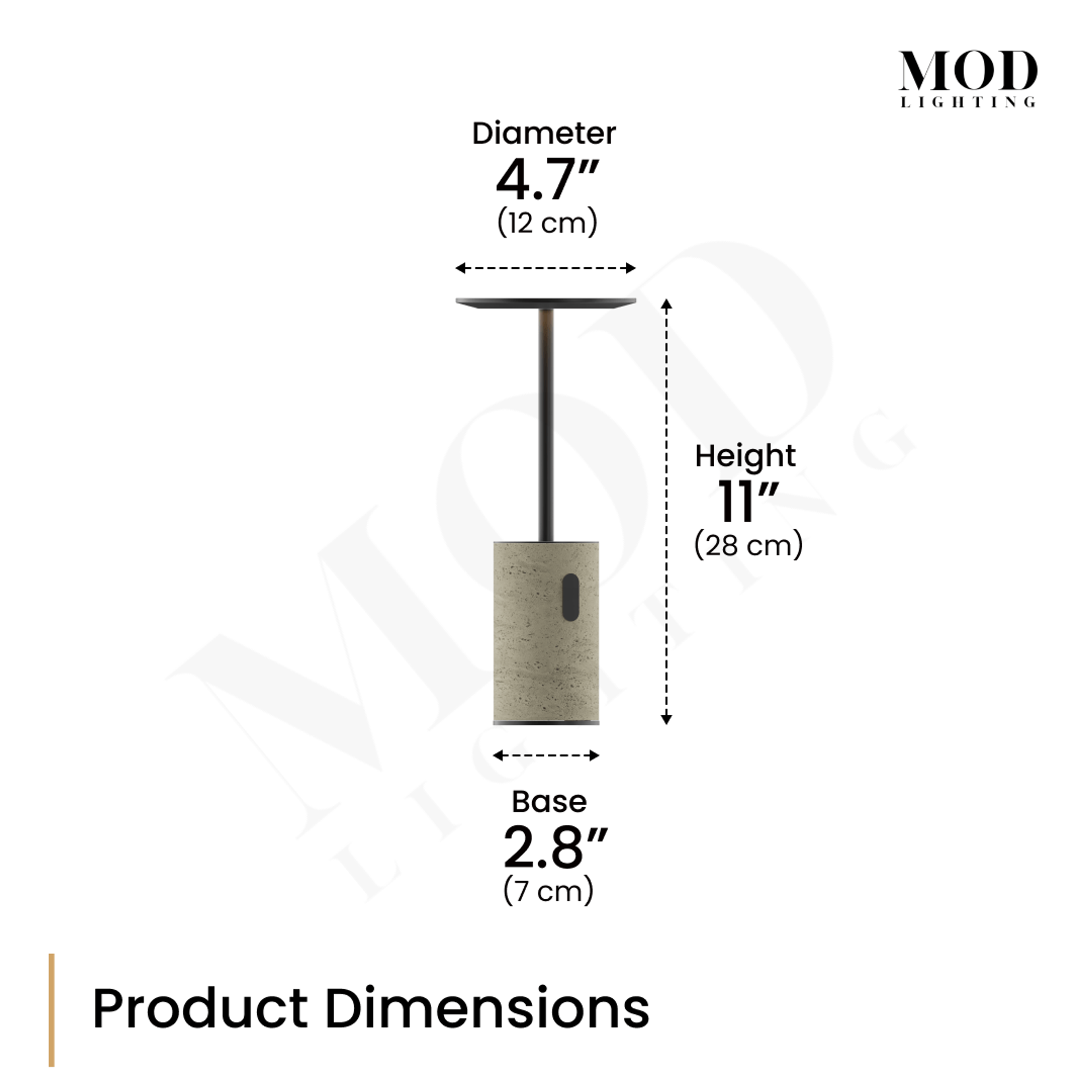 Vera dimension diagram: travertine table lamp, 4.7" disc diameter, 11" height, 2.8" base
