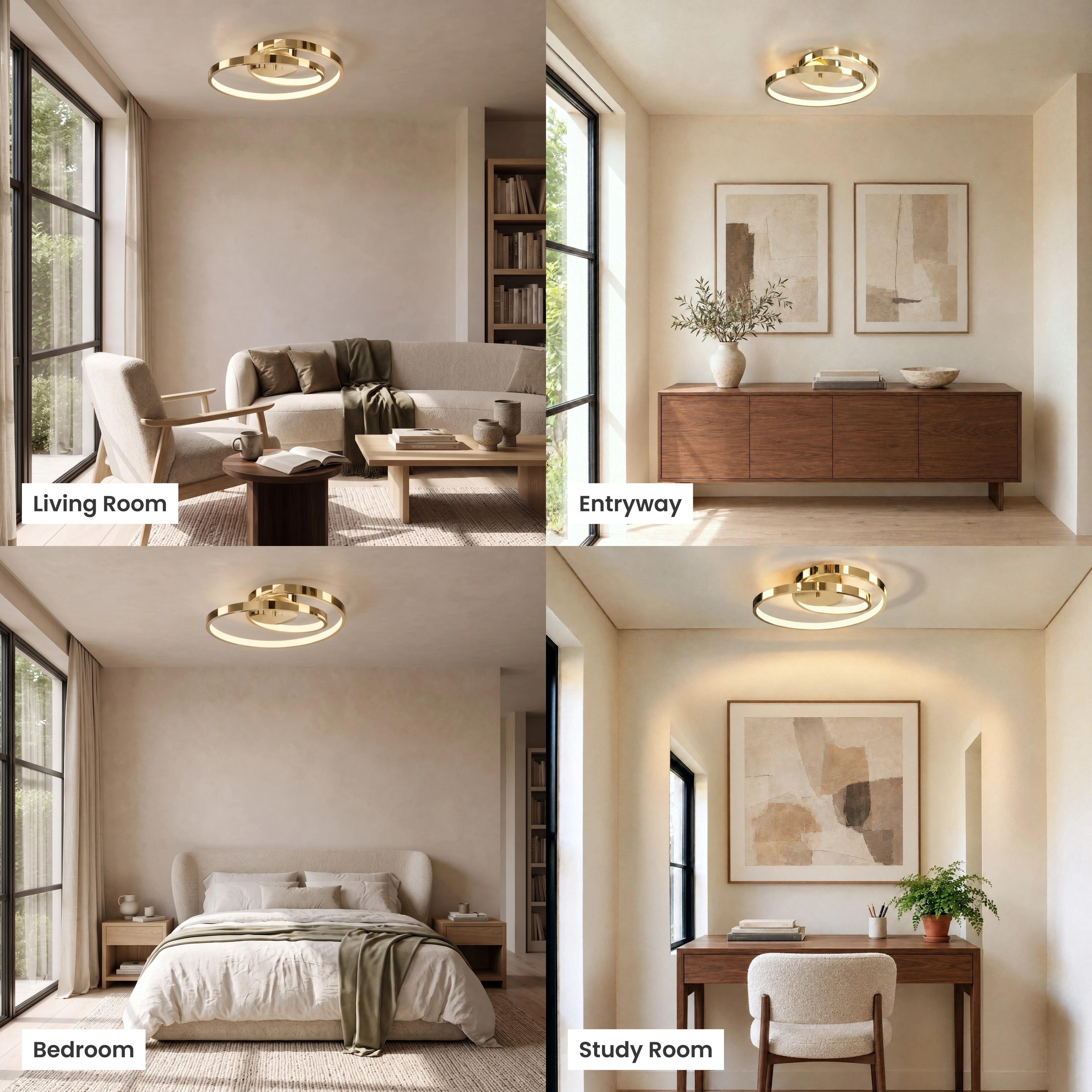 Elise gold spiral-ring flush-mount ceiling light in living, dining, bedroom and foyer rooms
