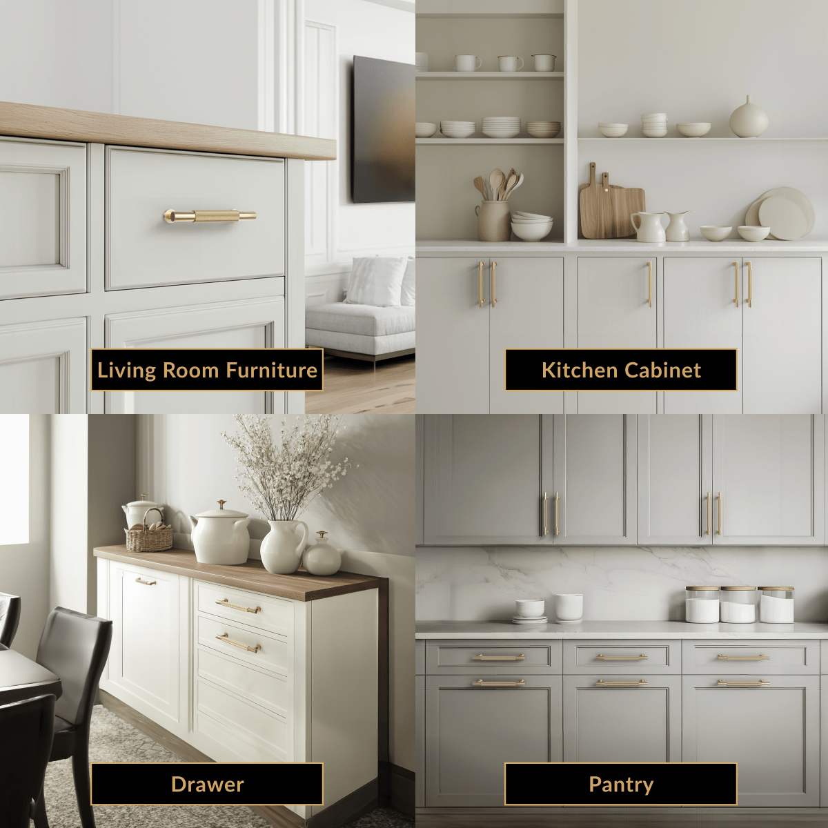 Wellesley brushed-gold cabinet pull installed on white living room, kitchen, drawer and pantry cabinetry in four scenes