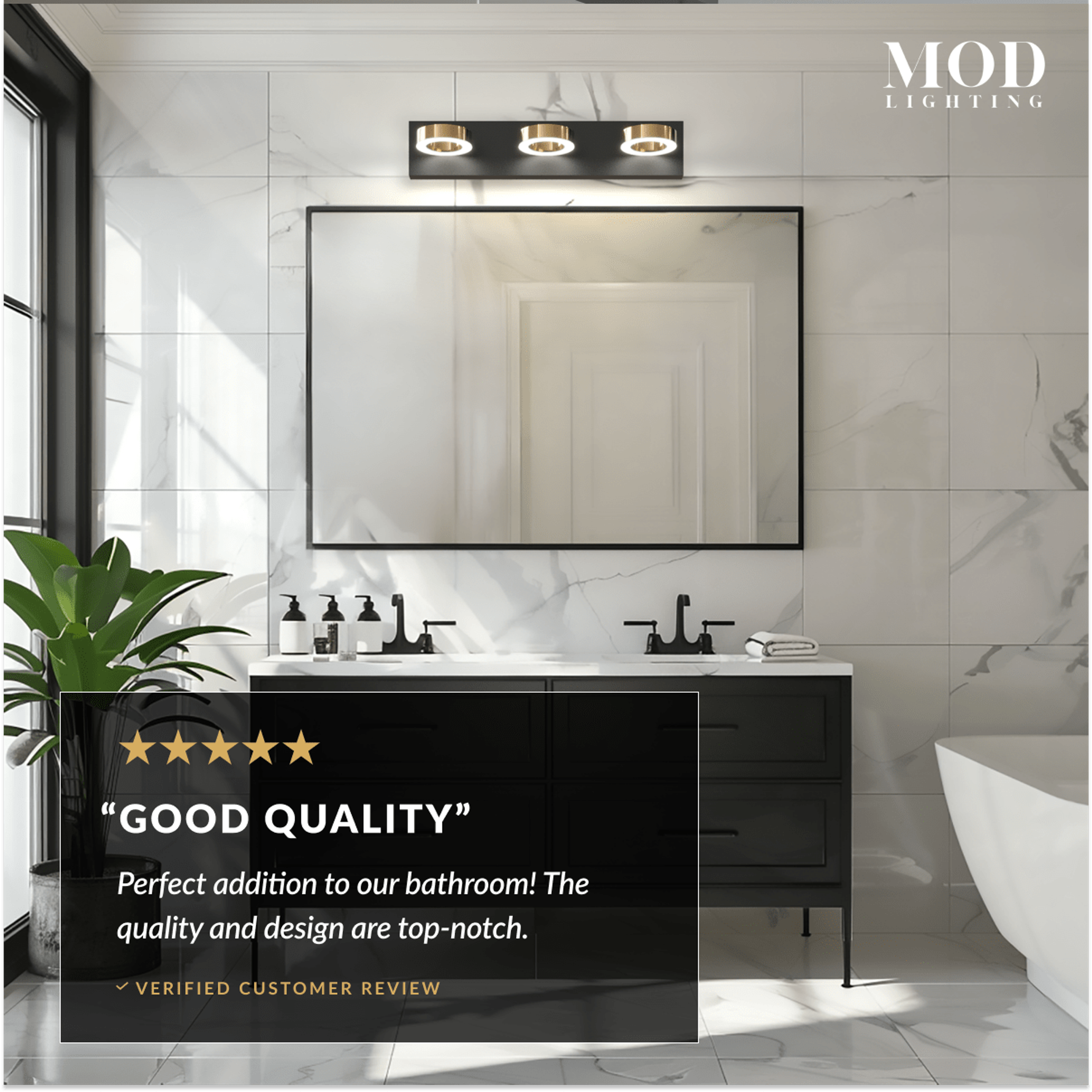 Aurora matte-black three-light vanity fixture with gold ring accents above a mirror, labeled dimmer and moisture-proof