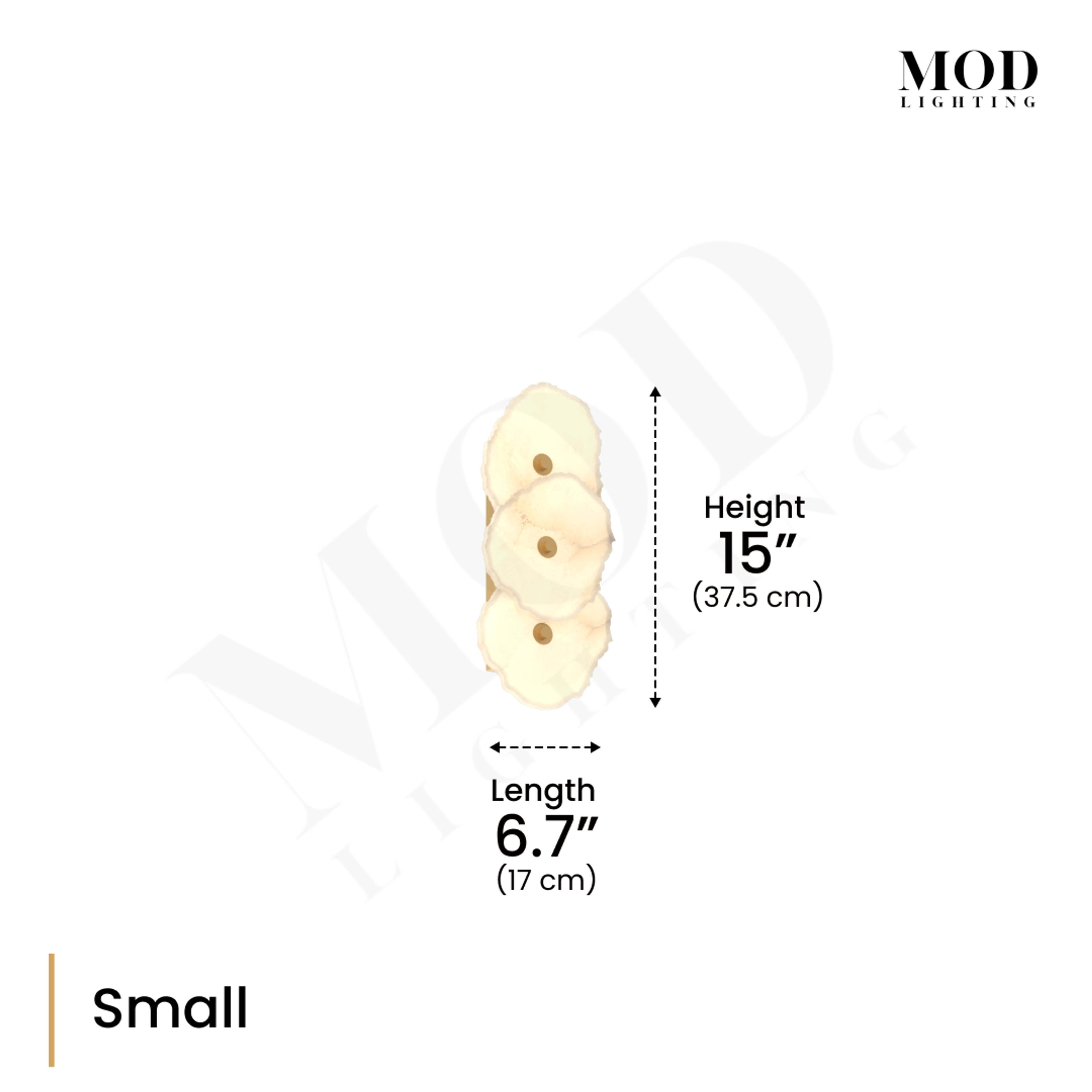 Alba Sconce dimension diagram, Small: three alabaster discs, 15 in height, 6.7 in length