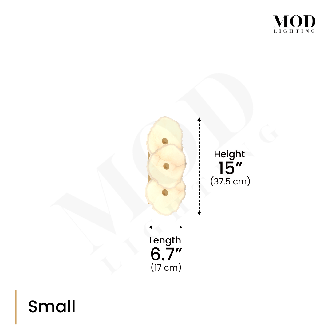 Alba Sconce dimension diagram, Small: three alabaster discs, 15 in height, 6.7 in length